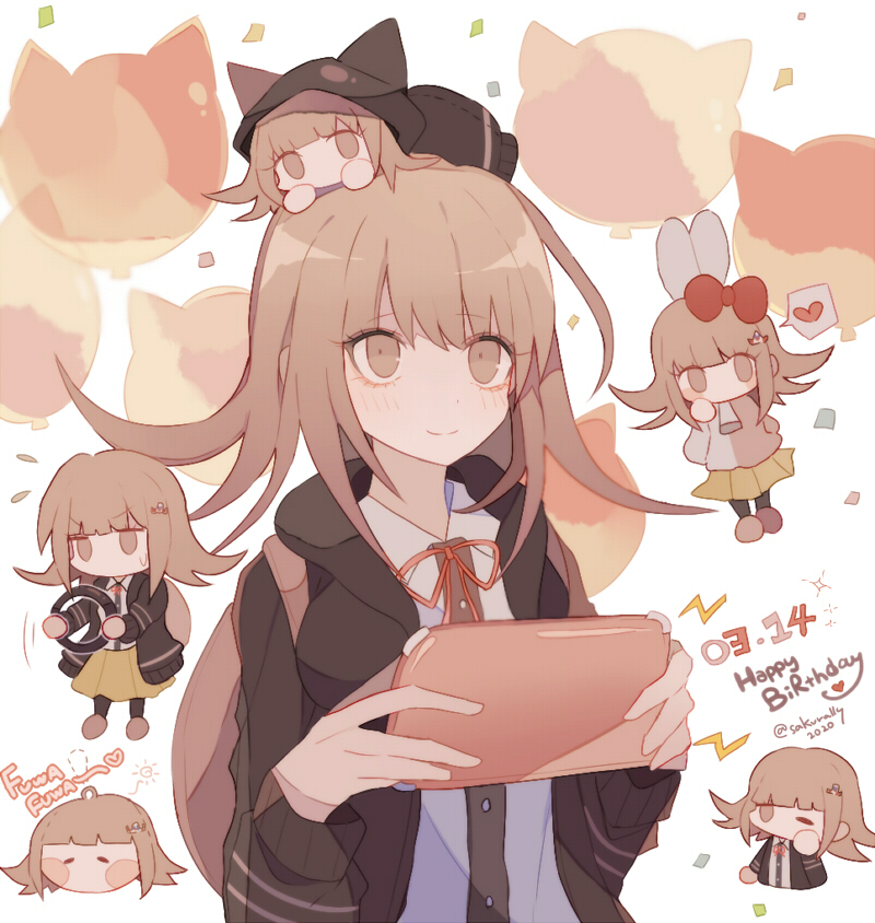 sakura (fein5862817), monomi (danganronpa), nanami chiaki, danganronpa (series), danganronpa 2: goodbye despair, commentary request, 1girl, 2020, = =, animal balloon, animal ear hood, animal ears, backpack, bag, black jacket, black pantyhose, blunt bangs, bow, breasts, buttons, cat, cat ears, chibi, chibi on head, closed mouth, collared shirt, confetti, cosplay, dated, dot nose, dress shirt, english text, eyelashes, fake animal ears, flying sweatdrops, hair bow, hair ornament, hairclip, hand on own cheek, hand on own face, happy, happy birthday, head only, heart, holding, holding detached steering wheel, holding tablet pc, hood, hood down, hood up, hooded jacket, jacket, large breasts, light blush, long sleeves, looking ahead, medium hair, miniskirt, monomi (danganronpa) (cosplay), motion lines, multicolored jacket, multiple views, neck ribbon, no mouth, on head, one eye closed, open clothes, open jacket, pantyhose, pink bag, pink eyes, pink hair, pink ribbon, pink shoes, playing games, pleated skirt, puffy long sleeves, puffy sleeves, rabbit ears, red bow, ribbon, rubbing eyes, shirt, shoes, shout lines, sidelocks, skirt, sleepy, smile, sparkle, speech bubble, split-color clothes, spoken heart, squeans, standing, sweatdrop, sweater jacket, tablet pc, twitter username, two-tone jacket, v-shaped eyebrows, white background, white jacket, white shirt, yellow skirt, zipper pull tab