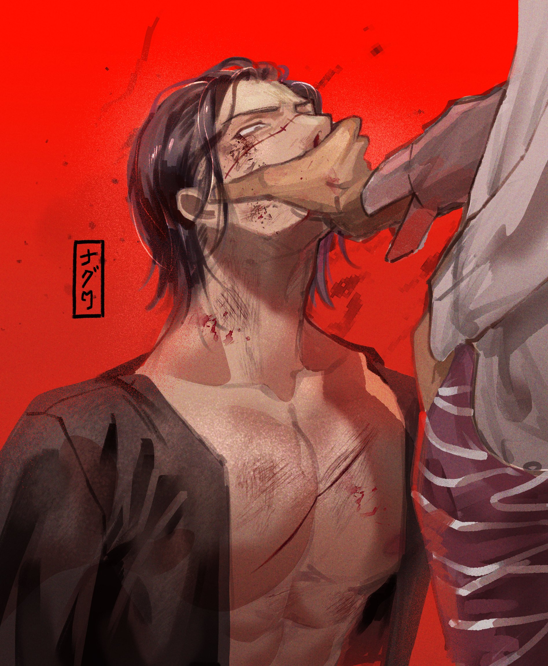 ngumngim, crocodile (one piece), donquixote doflamingo, one piece, highres, 2boys, black hair, black shirt, blood, blood on face, collarbone, covering another's mouth, head out of frame, large pectorals, male focus, mature male, multiple boys, open clothes, open shirt, pectorals, red background, shirt, short hair, stitched face, stitches, upper body