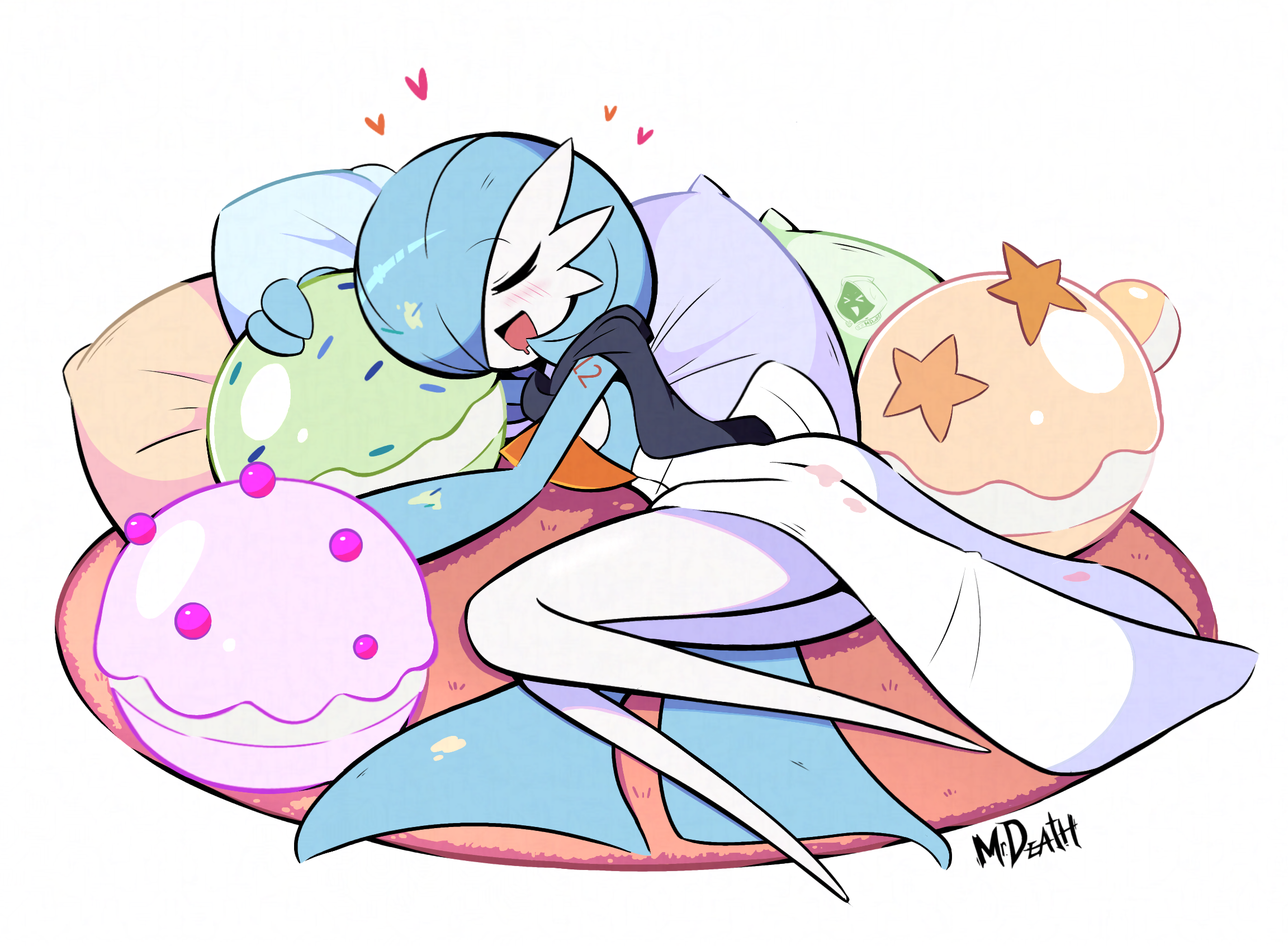 mr. death, gardevoir, nintendo, pokemon, highres, 1girl, 1other, alternate color, blue skin, blush, closed eyes, colored skin, drooling, gen 3 pokemon, lying, mouth drool, on side, open mouth, pokemon (creature), shiny pokemon, skirt, smile, solo, white skirt