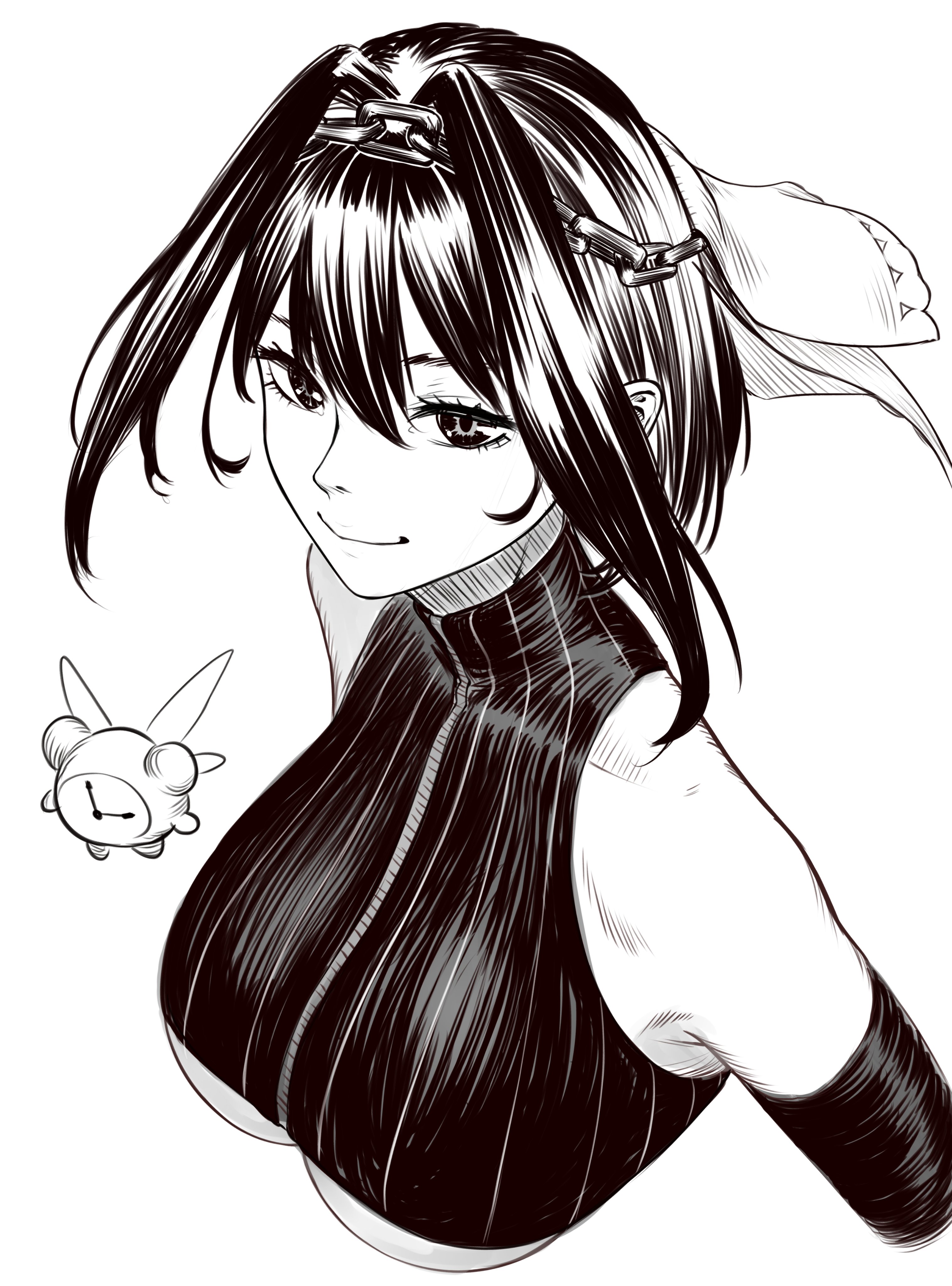 padoruu, kronie (ouro kronii), ouro kronii, ouro kronii (1st costume), hololive, hololive english, absurdres, highres, 1girl, breasts, chain, chain headband, closed mouth, clothing cutout, greyscale, hair intakes, large breasts, medium hair, monochrome, underboob, underboob cutout, veil, virtual youtuber