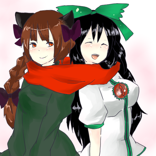 tensake, kaenbyou rin, reiuji utsuho, touhou, bad id, bad pixiv id, lowres, 2girls, female focus, multiple girls, scarf, shared clothes, shared scarf, yuri
