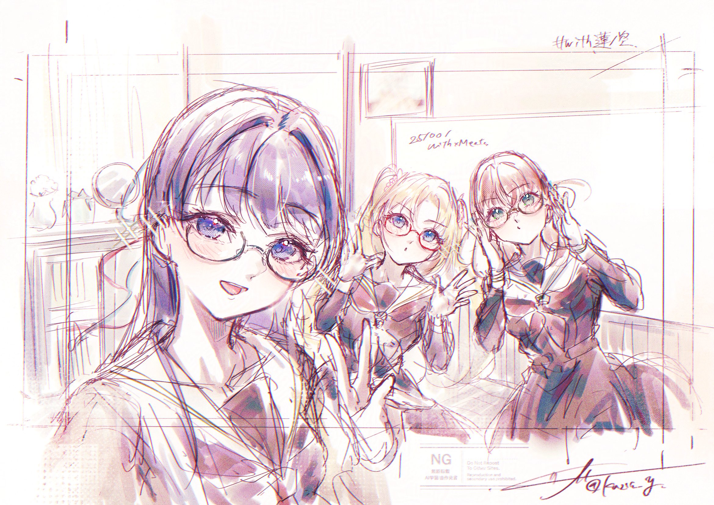 kuzia (atarayo), hinoshita kaho, murano sayaka, osawa rurino, link! like! love live!, love live!, alt text, commentary request, highres, 3girls, :d, adjusting eyewear, aqua eyes, blonde hair, blue eyes, blue hair, brown cardigan, brown dress, cardigan, closed mouth, dated, dated commentary, dress, glasses, glasses day, hasu no sanrenka, hasu no sora school uniform, in-universe location, indoors, looking at viewer, multiple girls, neckerchief, open cardigan, open clothes, open mouth, orange hair, parted lips, red-framed eyewear, sailor collar, sailor dress, school uniform, smile, standing, v, virtual youtuber, white sailor collar, whiteboard
