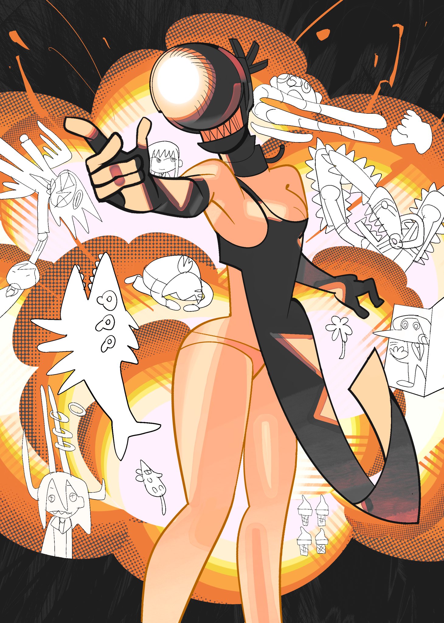 sknc1291, angel devil (chainsaw man), beam (chainsaw man), bomb devil (chainsaw man), denji (chainsaw man), hayakawa aki, makima (chainsaw man), power (chainsaw man), typhoon devil (chainsaw man), violence fiend (chainsaw man), chainsaw man, highres, 3girls, 4boys, alternate form, apron, black apron, black gloves, breasts, cleavage, demon girl, demon horns, doodle inset, elbow gloves, finger gun, flower, food, gloves, horns, ice cream, medium breasts, mouse (animal), multiple boys, multiple girls, object head, orange panties, panties, plague doctor mask, topknot, underwear