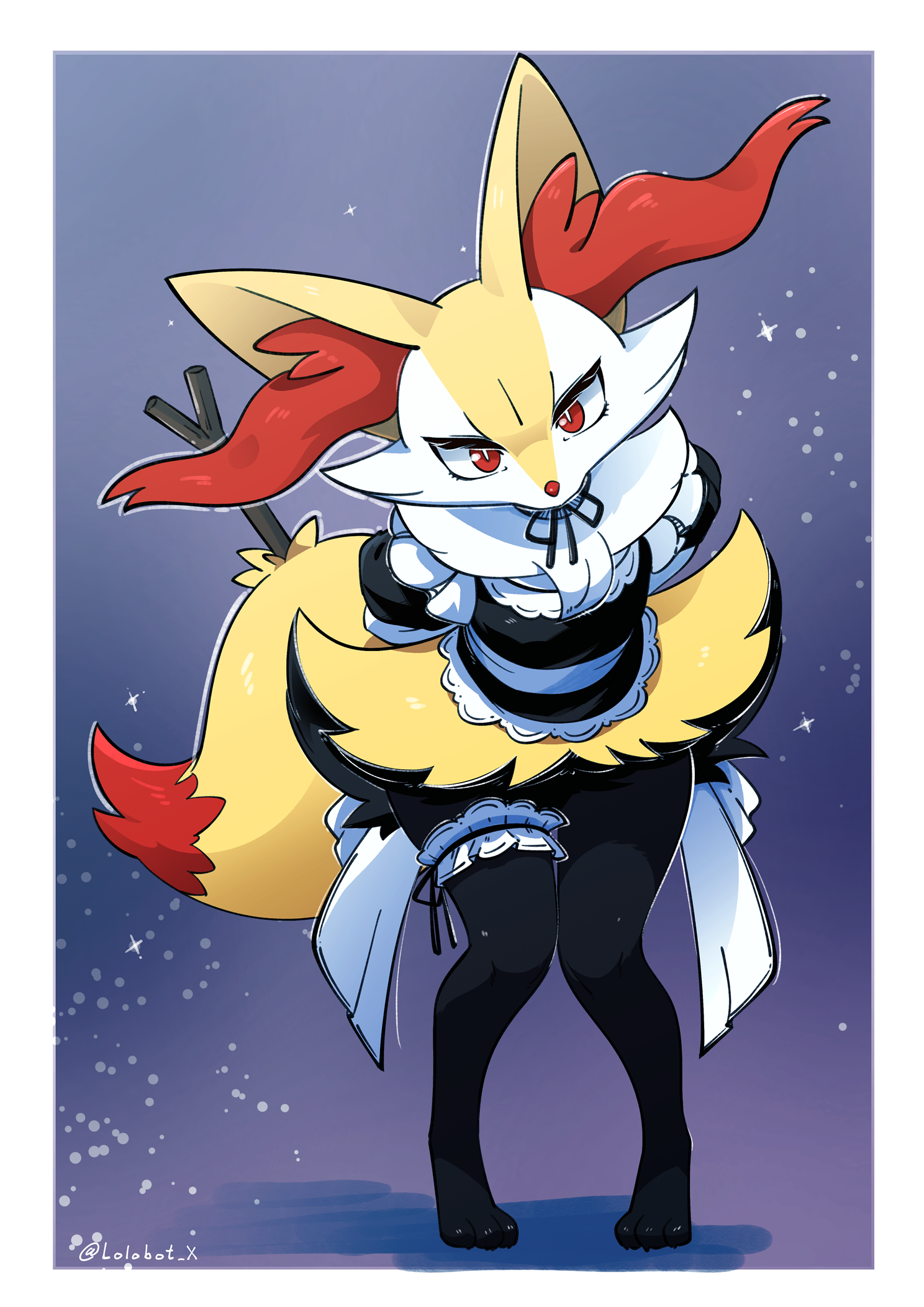 lolobox, braixen, nintendo, pokemon, highres, 1girl, alternate costume, black dress, dress, fox girl, fox tail, frilled thigh strap, gen 6 pokemon, looking at viewer, maid, pokemon (creature), red eyes, solo, tail, thigh strap, yellow fur
