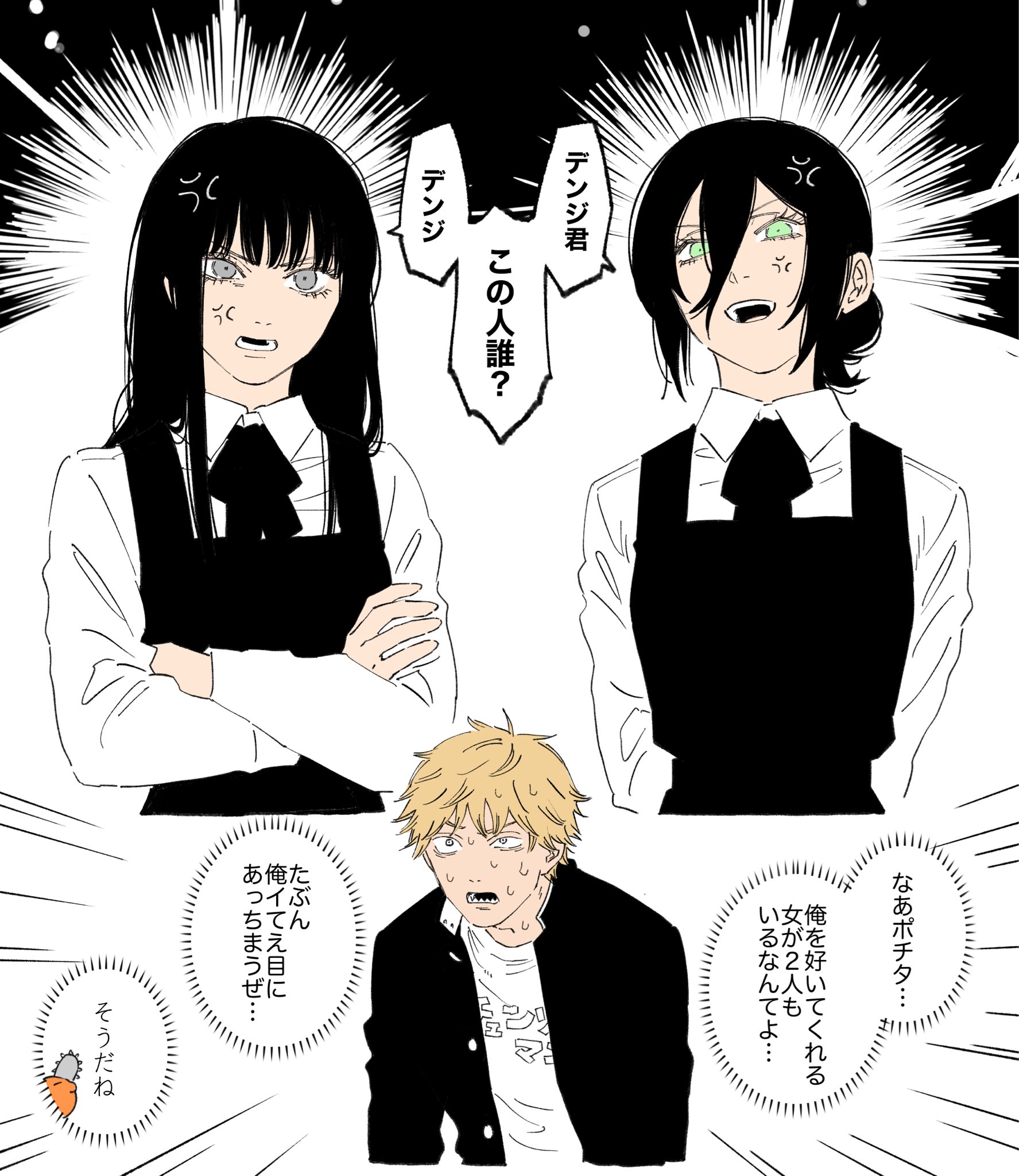 denji (chainsaw man), mitaka asa, pochita (chainsaw man), reze (chainsaw man), chainsaw man, commentary request, highres, translation request, 1boy, 2girls, :o, anger vein, black dress, black hair, black jacket, black ribbon, blonde hair, crossed arms, dakuonpu, dress, hair between eyes, jacket, long hair between eyes, looking at another, love triangle, multiple girls, neck ribbon, nervous sweating, pinafore dress, ribbon, school uniform, shirt, sleeveless, sleeveless dress, speech bubble, sweat, upper body, white shirt