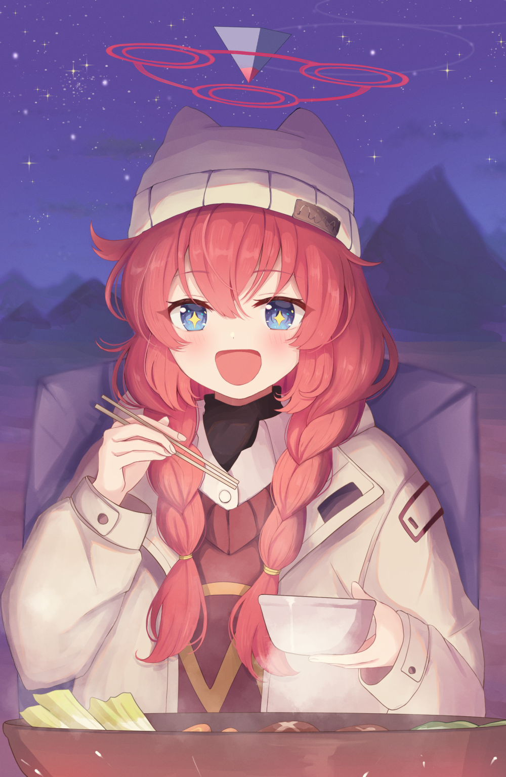 a ekoa, maki (blue archive), maki (camp) (blue archive), blue archive, commentary, highres, + +, 1girl, :d, animal ear headwear, beanie, blue eyes, blush, bowl, camping, chopsticks, coat, dual wielding, eyelashes, fake animal ears, hair between eyes, halo, hands up, happy, hat, holding, holding bowl, holding chopsticks, hotpot, long hair, long sleeves, nabe, night, night sky, official alternate costume, official alternate hairstyle, open clothes, open coat, open mouth, outdoors, red hair, red halo, red sweater, sitting, sky, smile, solo, star (sky), starry sky, steam, sweater, turtleneck, underlighting, upper body, yellow coat, yellow hat