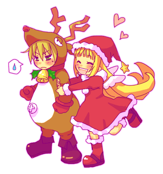 tsuyuka (sunny spot), cello (marl kingdom), princess kururu, little princess, marl kingdom, nippon ichi, looking away, lowres, 1boy, 1girl, :d, ^ ^, angel wings, animal costume, annoyed, antlers, arm hug, averting eyes, bell, blonde hair, blue eyes, blush, boots, christmas, clenched hands, closed eyes, couple, dress, embarrassed, flat chest, flipped hair, frown, full body, fur trim, gloves, hair between eyes, happy, hat, heart, hetero, horns, leg lift, long hair, open mouth, profile, reindeer costume, santa costume, santa hat, shoes, sidelocks, smile, speech bubble, spoken sweatdrop, standing, standing on one leg, star (symbol), sweatdrop, tears, very long hair, wings