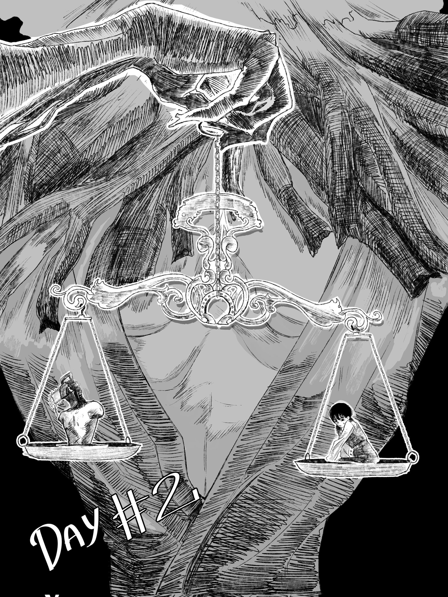 rinneko art, denji (chainsaw man), mitaka asa, chainsaw man, highres, 1boy, 1girl, 1other, alternate form, amputee, balance scale, chainsaw, dress, fire devil (chainsaw man), fourth east high school uniform, greyscale, monochrome, pinafore dress, quadruple amputee, school uniform, sleeveless, sleeveless dress, weighing scale