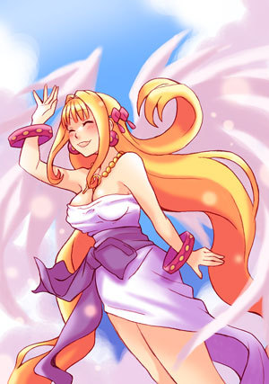 tsuyuka (sunny spot), cherie espoir, marl kingdom, nippon ichi, puppet princess (marl kingdom), lowres, 1girl, :d, angel, arm up, bare arms, bare legs, bare shoulders, blonde hair, bracelet, breasts, cleavage, closed eyes, dress, earrings, female focus, jewelry, large breasts, legs, long hair, necklace, open mouth, sky, smile, solo, standing, strapless, strapless dress, very long hair, white dress, wings