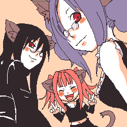 tsuyuka (sunny spot), lowres, animal ears, black hair, blue hair, cat, glasses, pink hair, red eyes, tail, twintails