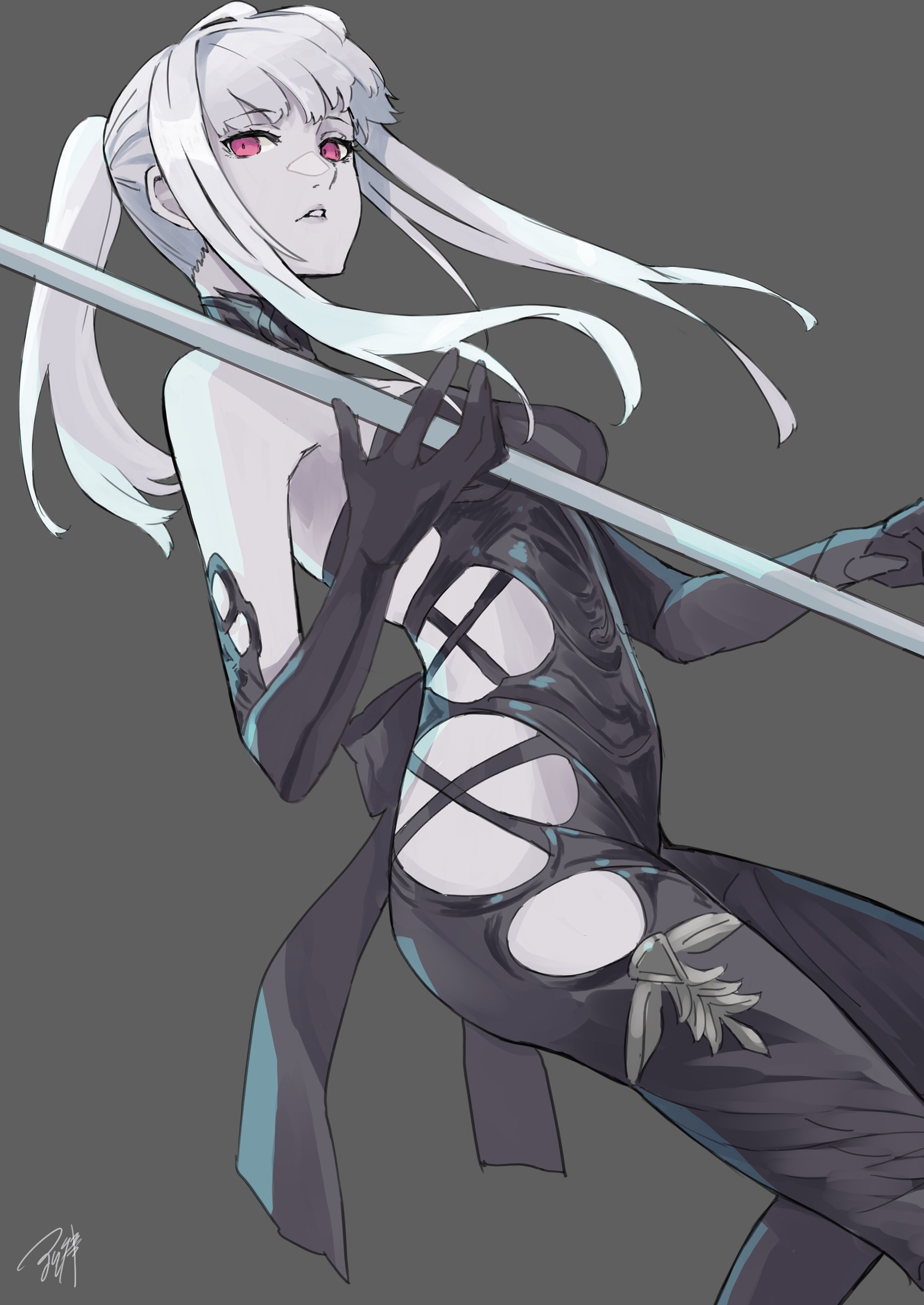 hayami ritsu, omega-f, omega (final fantasy), final fantasy, final fantasy xiv, absurdres, highres, 1girl, bare shoulders, black bodysuit, black gloves, bodysuit, breasts, colored skin, elbow gloves, gloves, grey hair, holding, long hair, looking at viewer, medium breasts, ponytail, red eyes, simple background, solo, white hair