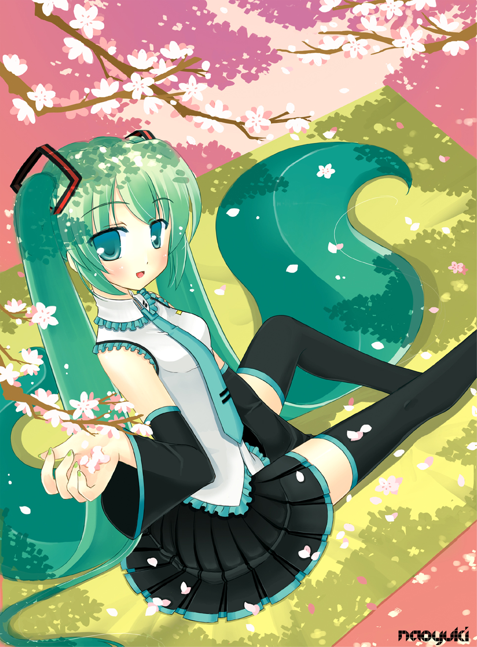naoyuki (pixiv66413), naoyuki pupu, hatsune miku, vocaloid, highres, aqua eyes, aqua hair, detached sleeves, long hair, necktie, sitting, skirt, solo, thighhighs, twintails, very long hair
