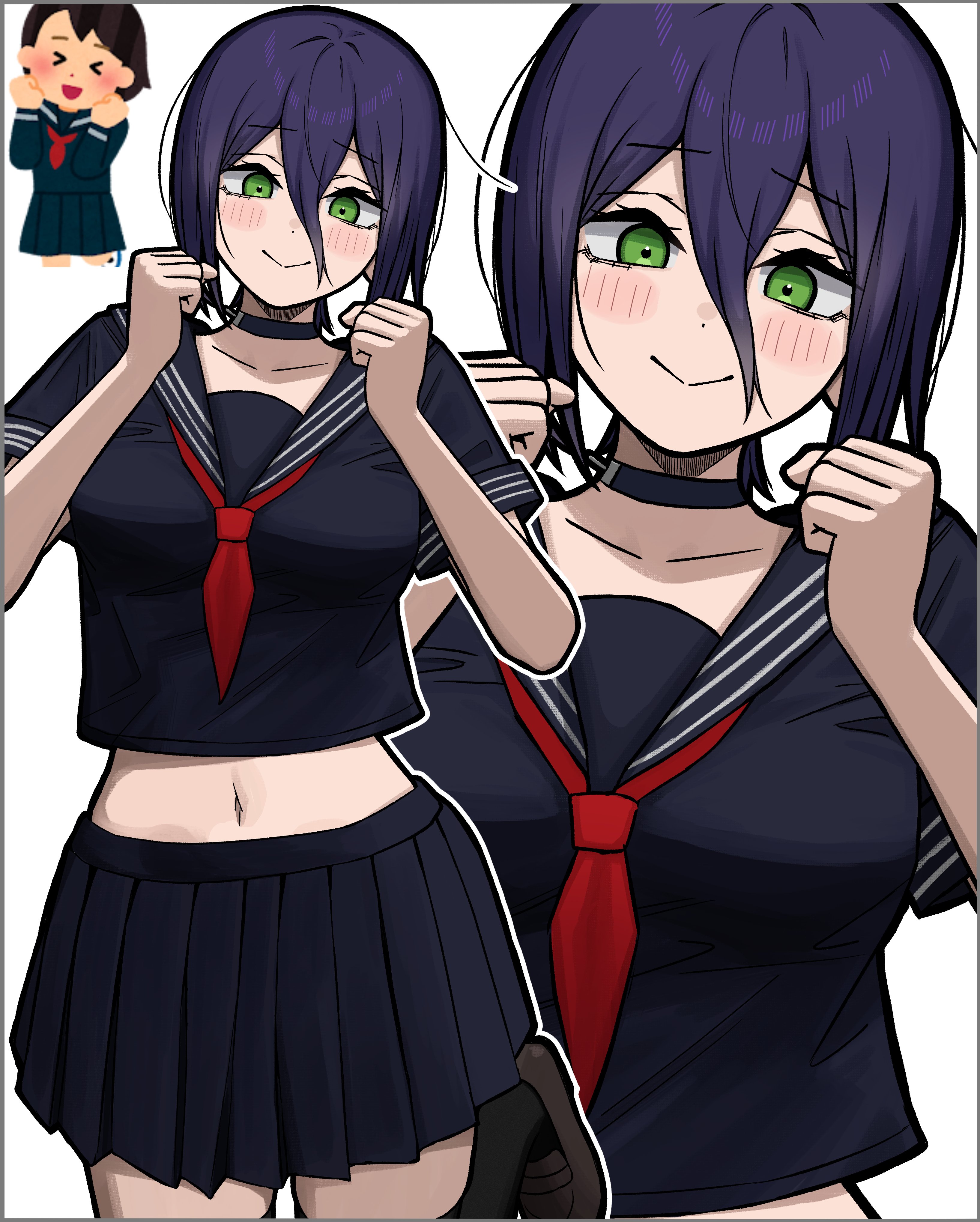 aguxxxuu, reze (chainsaw man), chainsaw man, irasutoya, absurdres, highres, 1girl, black choker, black serafuku, black skirt, breasts, choker, clenched hands, closed mouth, green eyes, grenade pin, hands up, irasutoya challenge, large breasts, looking at viewer, navel, neckerchief, pleated skirt, purple hair, red neckerchief, reference inset, school uniform, serafuku, skirt, smile, solo, white background, zoom layer