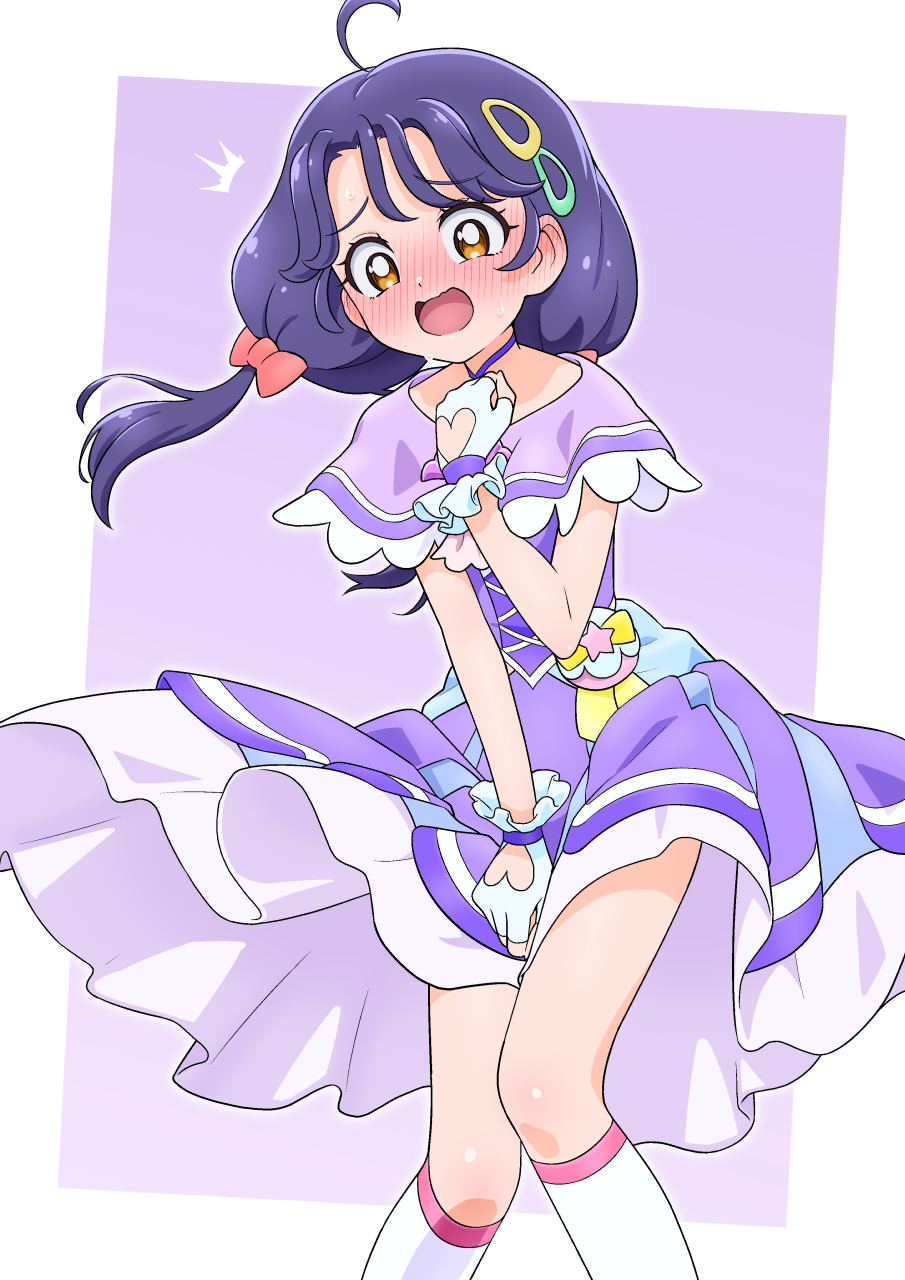 tiler (tiler00), cure coral, suzumura sango, precure, tropical-rouge! precure, commentary, highres, 1girl, ^^^, ahoge, ascot, blush, border, bow, brooch, choker, clothing cutout, cosplay, cure coral (cosplay), d:, dress, embarrassed, feet out of frame, fingerless gloves, full-face blush, furrowed brow, gloves, hair bow, hair ornament, hairclip, hand on own chest, hat, heart cutout, jewelry, knees together feet apart, looking at viewer, magical girl, medium hair, multiple hair clips, no headwear, open mouth, orange eyes, outside border, pact holder, pink ascot, pink bow, pouch, purple background, purple choker, purple dress, purple hair, purple sailor collar, purple theme, sailor collar, self cosplay, shell brooch, short twintails, sleeveless, sleeveless dress, socks, solo, standing, sweatdrop, tropical pact, twintails, wavy mouth, white border, white gloves, white hat, white socks