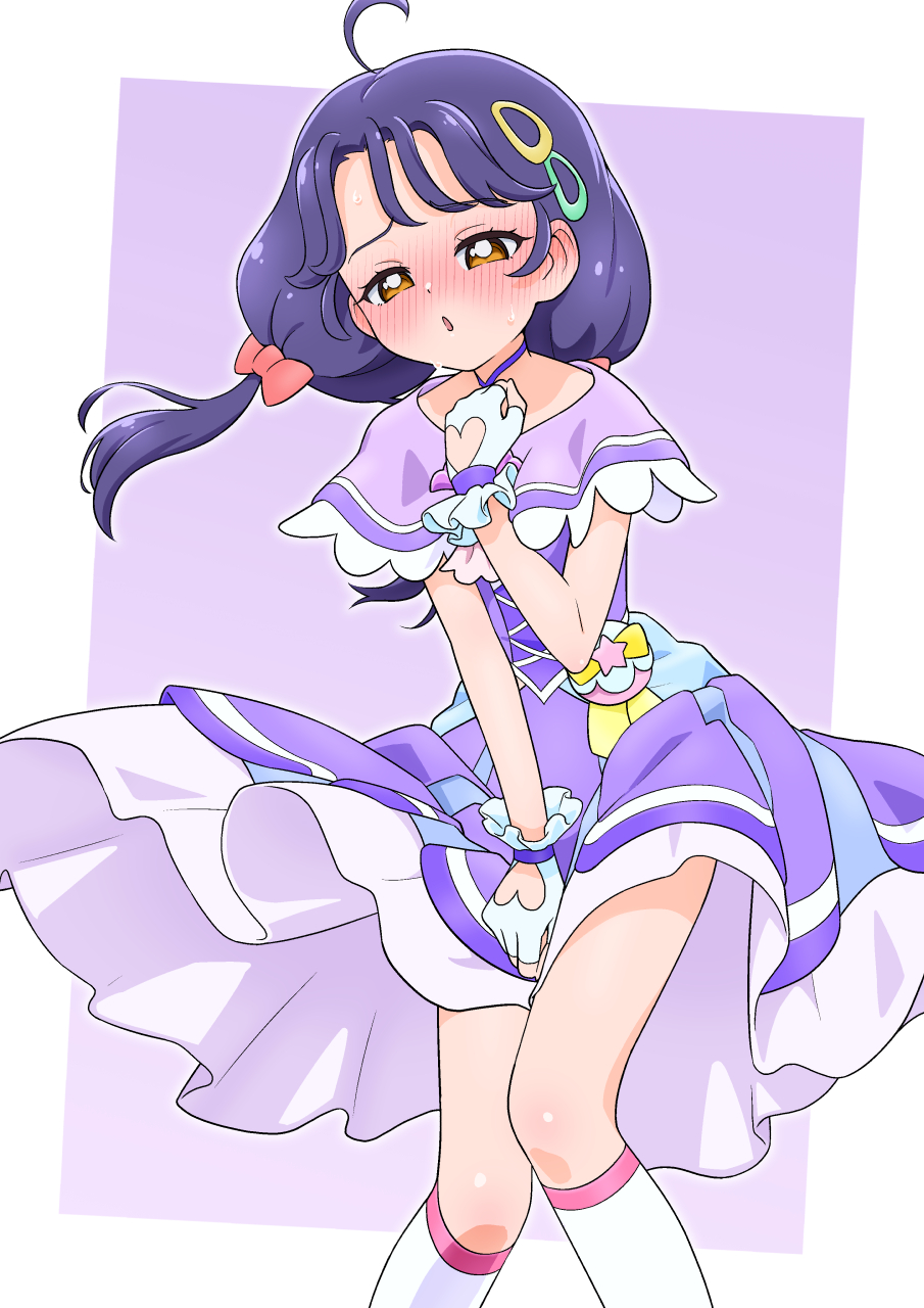 tiler (tiler00), cure coral, suzumura sango, precure, tropical-rouge! precure, commentary, highres, 1girl, ahoge, ascot, blush, border, bow, brooch, choker, clothing cutout, cosplay, cure coral (cosplay), dress, embarrassed, feet out of frame, fingerless gloves, full-face blush, furrowed brow, gloves, hair bow, hair ornament, hairclip, half-closed eyes, hand on own chest, hat, heart cutout, jewelry, knees together feet apart, looking at viewer, magical girl, medium hair, multiple hair clips, no headwear, orange eyes, outside border, pact holder, parted lips, pink ascot, pink bow, pouch, purple background, purple choker, purple dress, purple hair, purple sailor collar, purple theme, sailor collar, self cosplay, shell brooch, short twintails, sleeveless, sleeveless dress, socks, solo, standing, sweatdrop, tropical pact, twintails, white border, white gloves, white hat, white socks