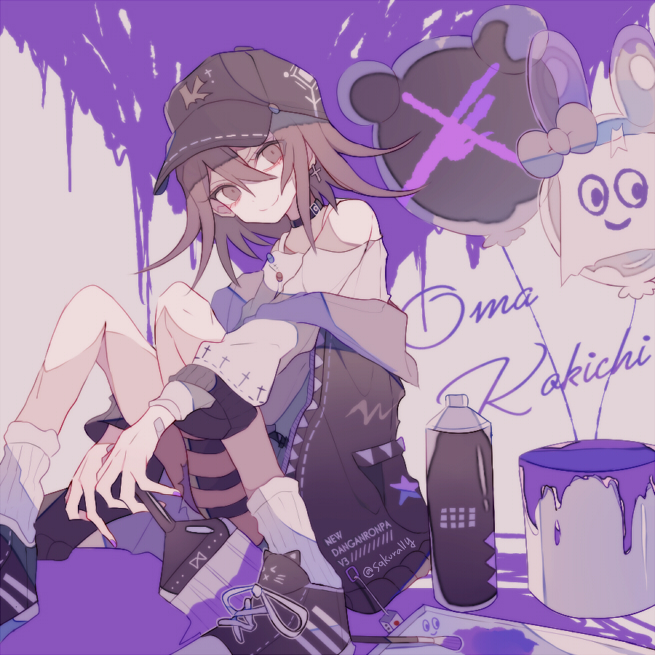 sakura (fein5862817), oma kokichi, danganronpa (series), danganronpa v3: killing harmony, 1boy, aegyo sal, alternate costume, animal balloon, animal print, ankle socks, bandaid, bandaid on hand, bare shoulders, baseball cap, belt, belt buckle, belt collar, black belt, black hat, black jacket, black shoes, buckle, buttons, casual, cat print, character name, closed mouth, clothing cutout, collar, copyright name, cross, cross earrings, cross print, dice, dot nose, earrings, eyelashes, full body, furrowed brow, grey background, grey shorts, hair between eyes, hat, holding, holding paintbrush, jacket, jacket partially removed, jewelry, knees, letter print, long sleeves, medium hair, multicolored buttons, multiple belts, nail polish, paint, paint can, paintbrush, paper, pocket, print headwear, print jacket, print shoes, print sleeves, purple background, purple eyes, purple hair, purple nails, purple theme, ribbon-trimmed headwear, ribbon-trimmed jacket, ribbon-trimmed shirt, ribbon-trimmed sleeves, ribbon trim, shirt, shoes, short shorts, shorts, shoulder cutout, sitting, smile, sneakers, socks, solo, spray can, star (symbol), star print, tape, thigh belt, thigh strap, tray, triangle print, twitter username, two-tone background, white shirt, white socks