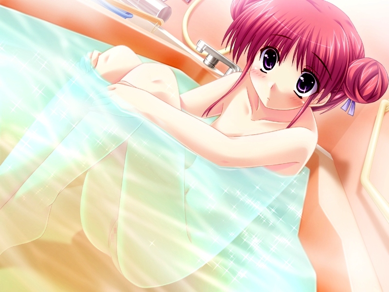 yuki shin, yuzuki kotona, tomosato madoka, zettai imouto shijou shugi, game cg, 1girl, bath, blush, censored, dutch angle, female focus, flat chest, hair bun, hair ribbon, hugging own legs, mosaic censoring, navel, nude, partially submerged, pink hair, purple eyes, pussy, ribbon, single hair bun, sitting, solo