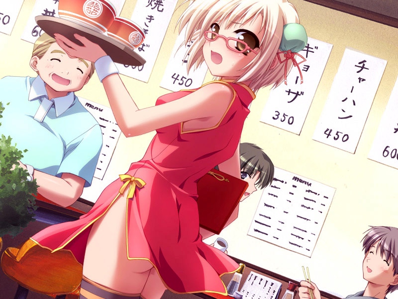 misaki tokiwa, pia carrot (series), pia carrot e youkoso!!, 1990s (style), 1girl, blonde hair, brown eyes, china dress, chinese clothes, dress, food, glasses, no panties, noodles, open mouth, ramen, solo focus, thighhighs, waitress, wind, wind lift