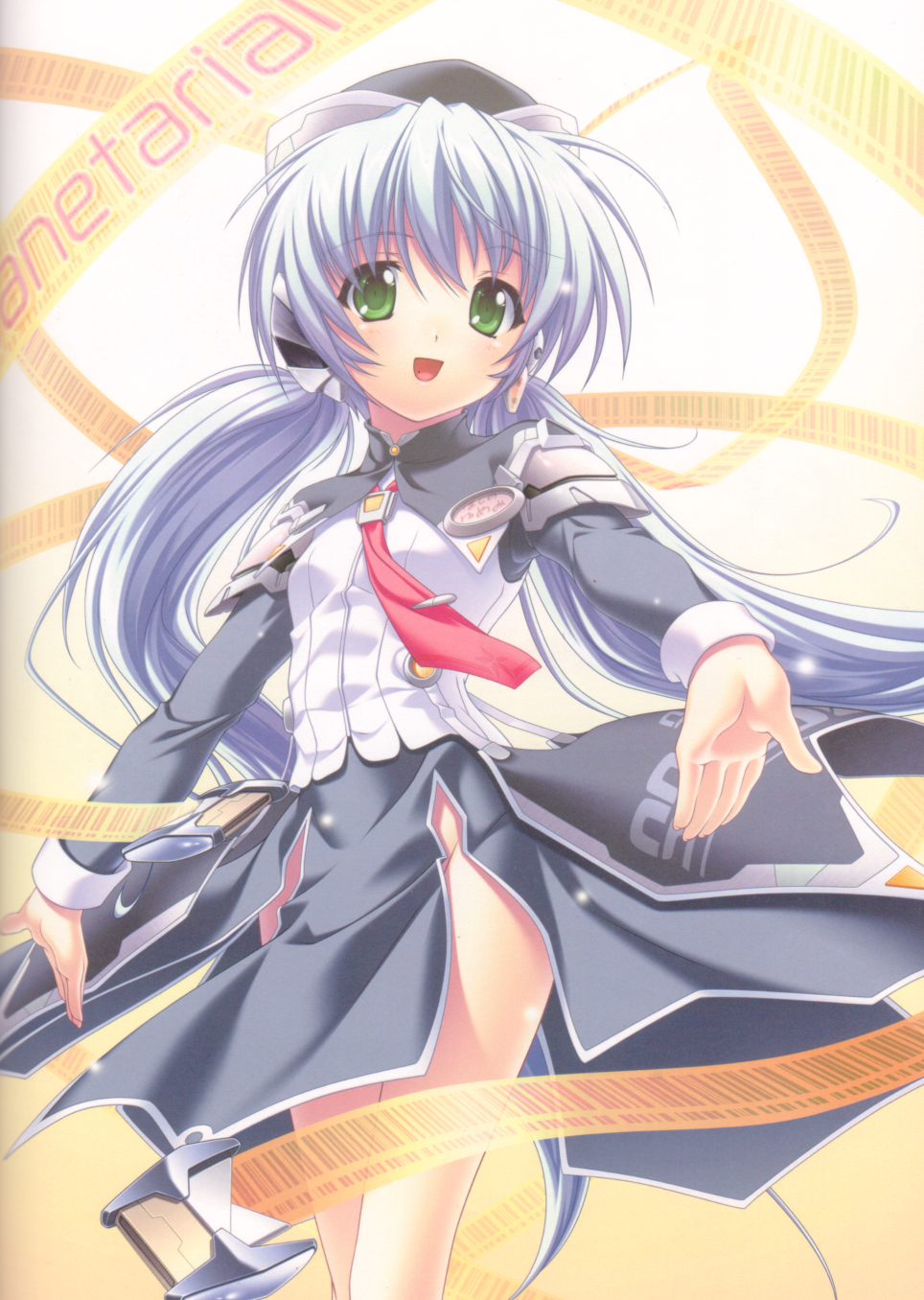 komatsu eiji, hoshino yumemi, planetarian, highres, official art, 00s, 1girl, black hat, blue hair, female focus, green eyes, happy, hat, long hair, no panties, smile, solo, very long hair