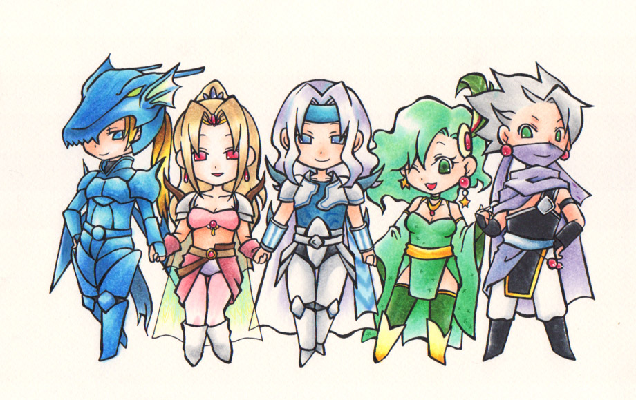 kimina, cain highwind, cecil harvey, edward geraldine, rosa farrell, rydia (adult) (ff4), rydia (ff4), final fantasy, final fantasy iv, bad id, bad pixiv id, 1990s (style), 2girls, aged up, armor, blonde hair, blue eyes, chibi, green eyes, green hair, grey hair, headband, long hair, midriff, multiple girls, red eyes, retro artstyle, short hair, thighhighs