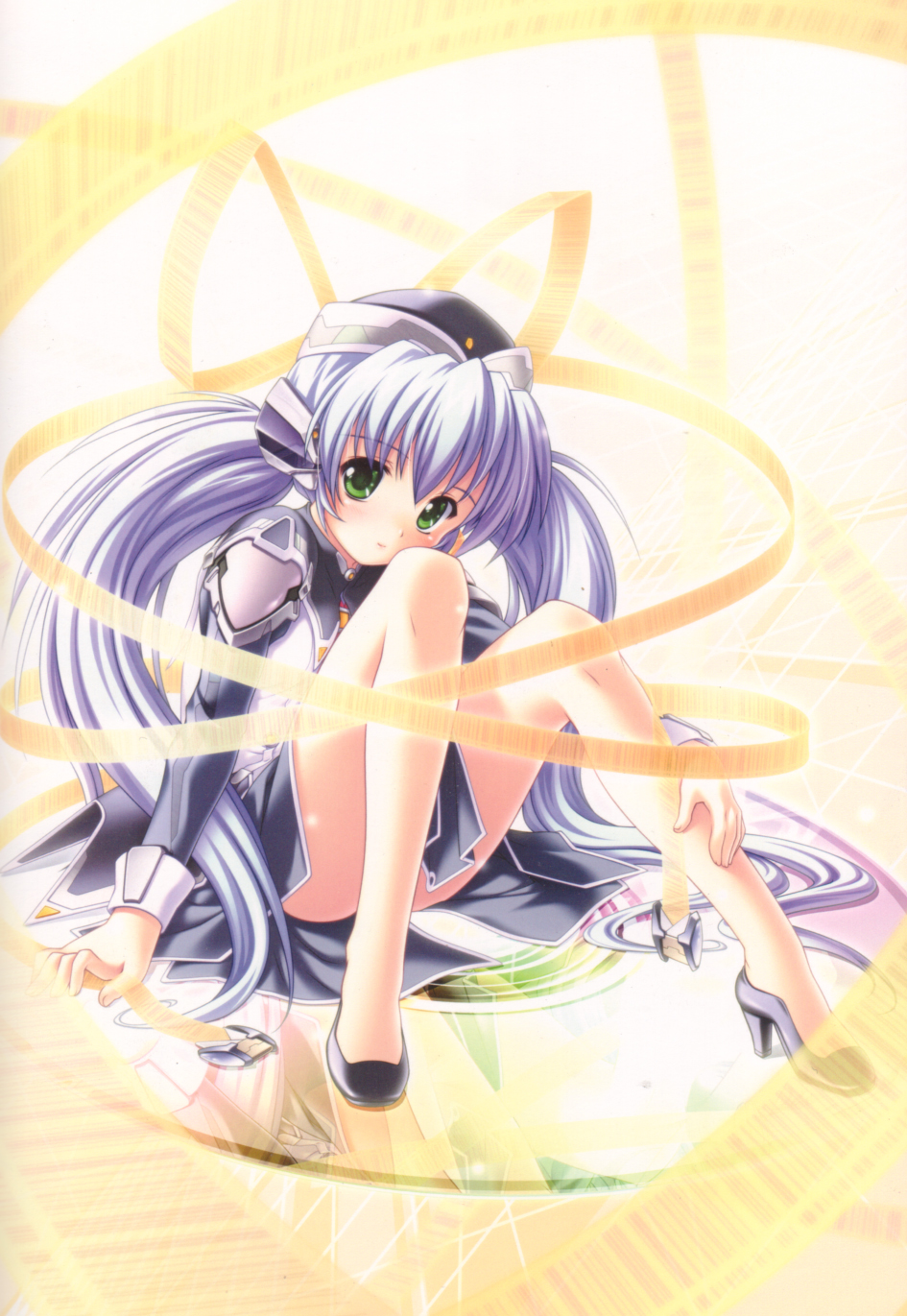 komatsu eiji, hoshino yumemi, planetarian, highres, 00s, 1girl, blue hair, female focus, green eyes, hat, head tilt, high heels, hugging own legs, long hair, looking at viewer, reflection, ribbon, sitting, solo, twintails, very long hair