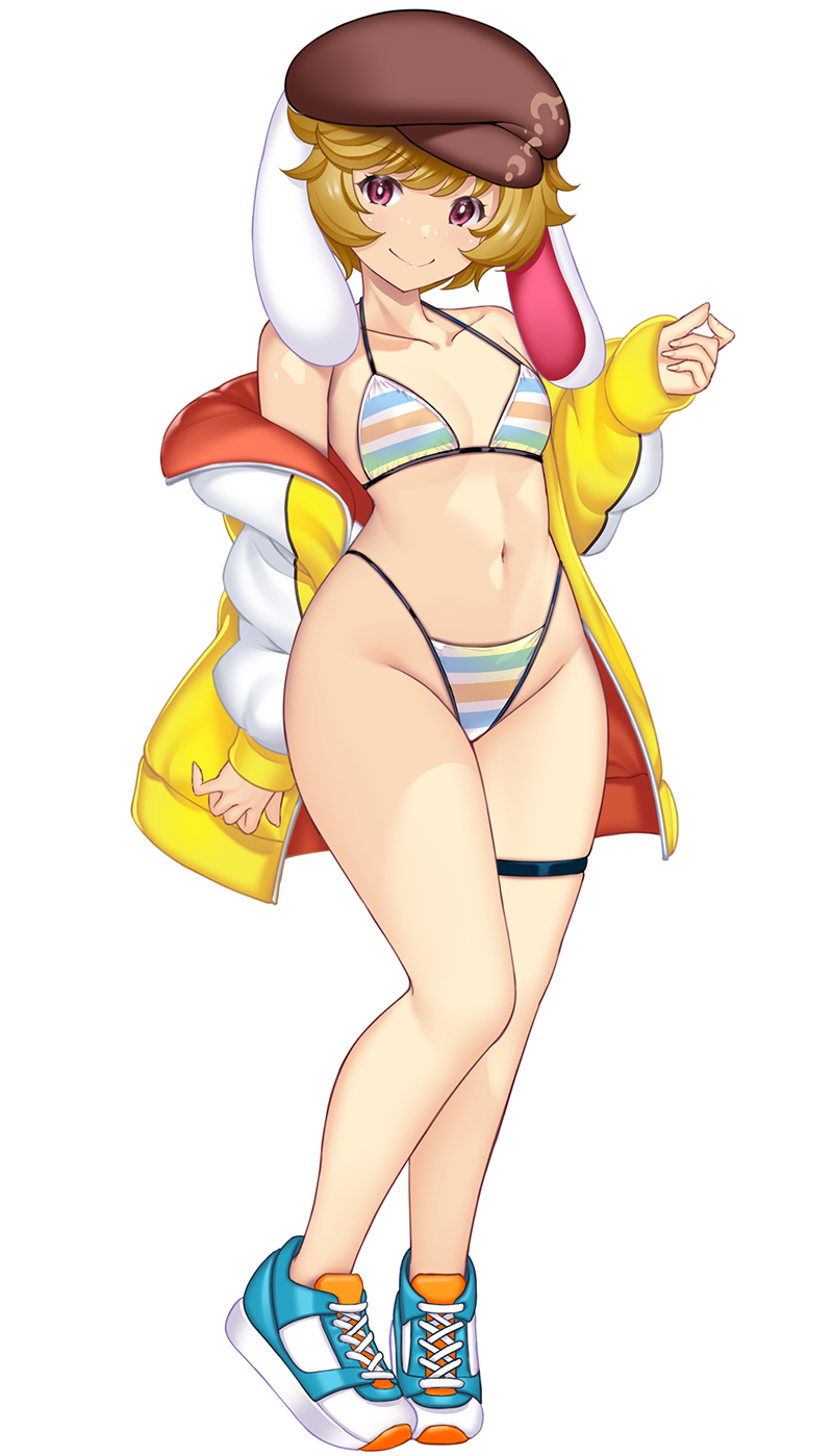 hataraki kuma, ringo (touhou), touhou, commentary request, highres, 1girl, alternate costume, animal ears, arm behind back, bare shoulders, bikini, blonde hair, blue shoes, breasts, brown hat, closed mouth, down jacket, flat cap, floppy ears, full body, hand up, hat, highleg, highleg bikini, jacket, looking at viewer, lop rabbit ears, multicolored bikini, navel, no socks, open clothes, open jacket, rabbit ears, rabbit girl, red eyes, shoes, short hair, simple background, small breasts, smile, sneakers, solo, standing, stomach, striped bikini, striped clothes, swimsuit, thigh strap, white background, wide hips, yellow jacket