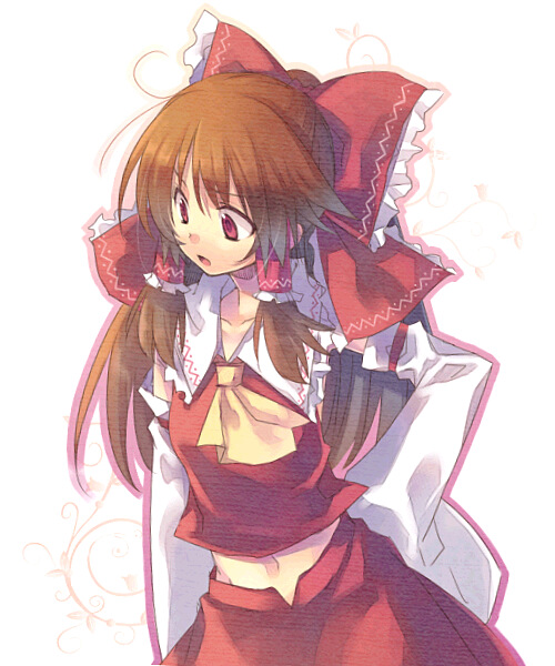 al, mugura, hakurei reimu, imperishable night, touhou, bad id, bad pixiv id, 1girl, bow, brown hair, detached sleeves, female focus, hair bow, hair tubes, hand on own hip, japanese clothes, long hair, looking down, midriff, miko, navel, red eyes, ribbon, simple background, skirt, sleeves past wrists, solo