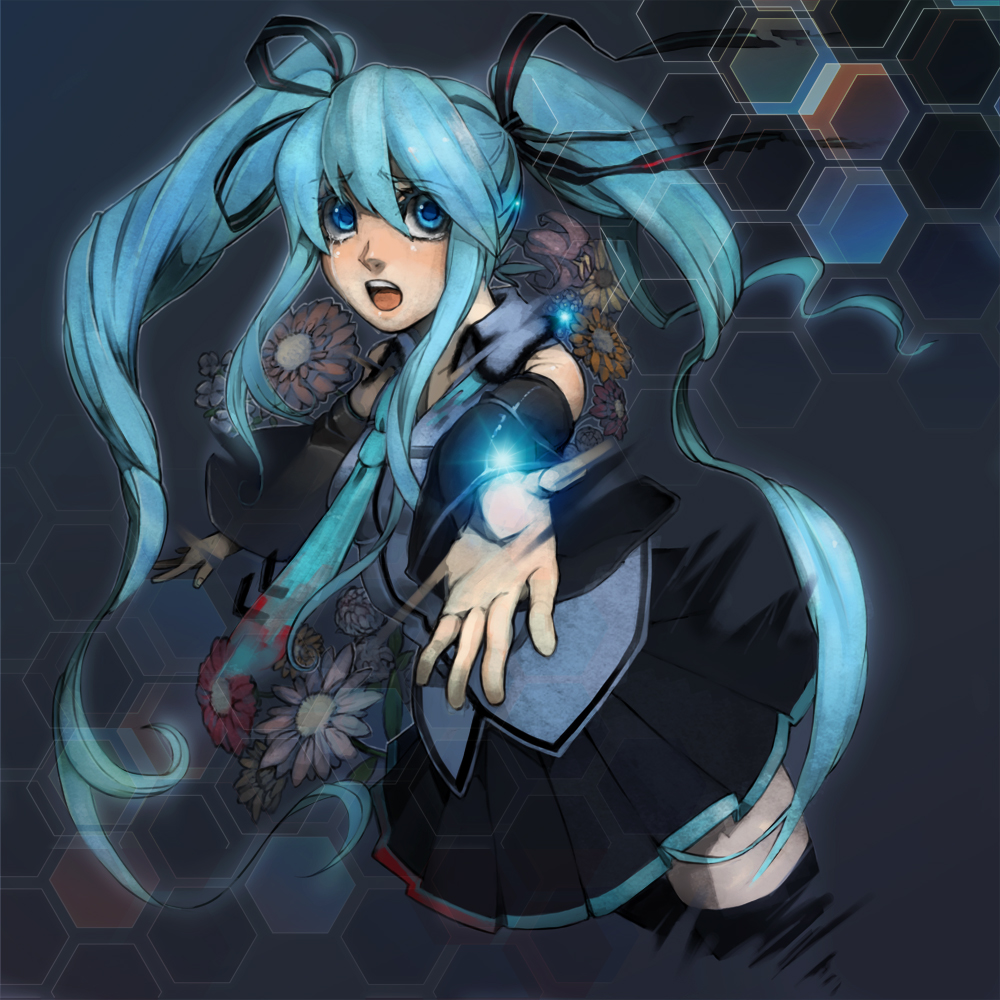 kotetu, tsurusaki yuu, hatsune miku, vocaloid, 1girl, blue eyes, blue hair, detached sleeves, female focus, flower, matching hair/eyes, necktie, skirt, solo, tears, thighhighs, twintails