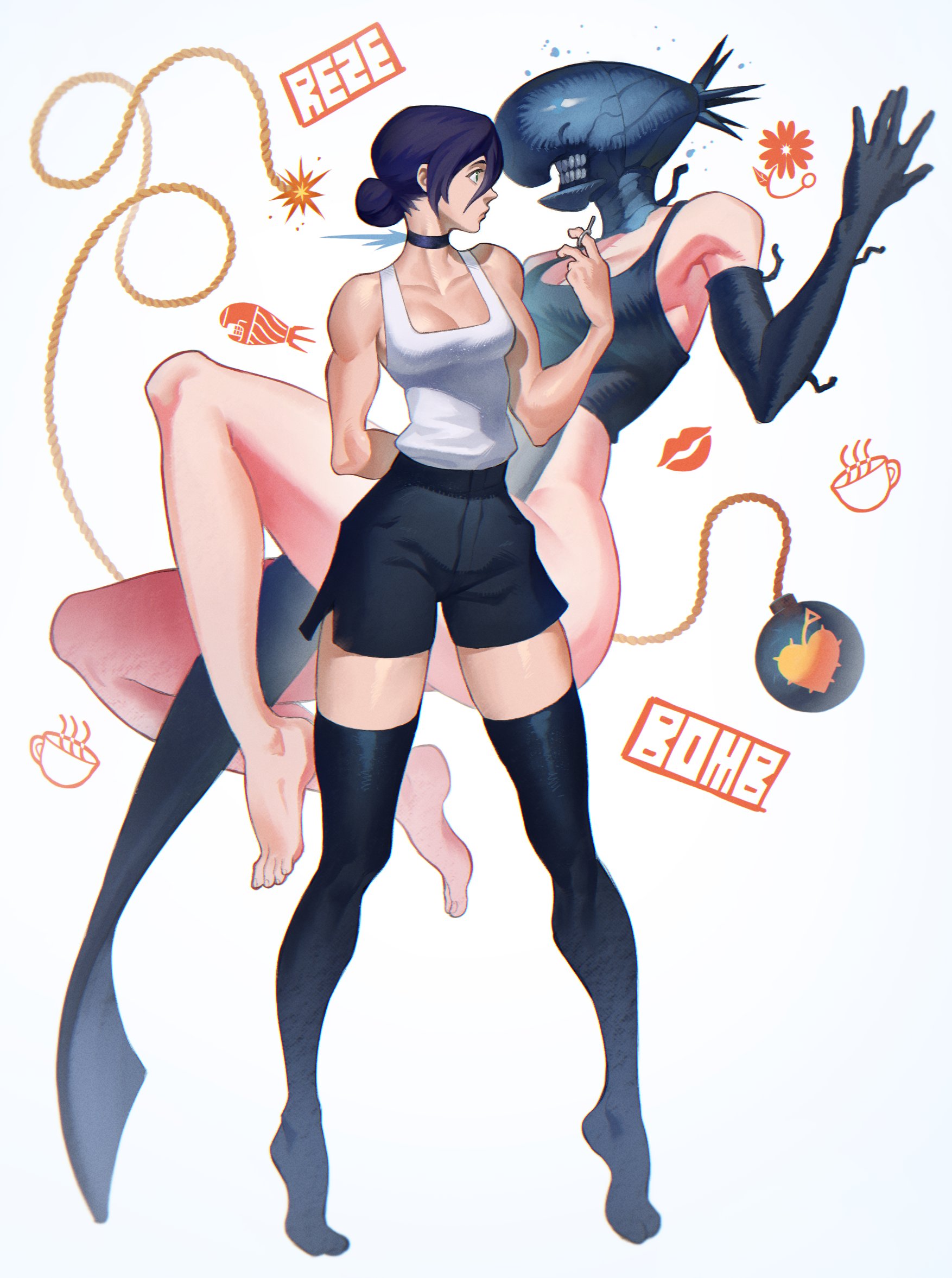 andrei (shidanasu), bomb devil (chainsaw man), reze (chainsaw man), chainsaw man, commentary, english commentary, highres, 1girl, apron, black apron, black choker, black ribbon, bomb, choker, elbow gloves, explosive, flower, full body, gloves, green eyes, grenade pin, hair between eyes, hair bun, imminent explosion, lipstick mark, lit fuse, neck ribbon, no undershirt, nuclear weapon, object head, pull cord, ribbon, sharp teeth, shirt, single hair bun, sleeveless, sleeveless shirt, teeth, white background