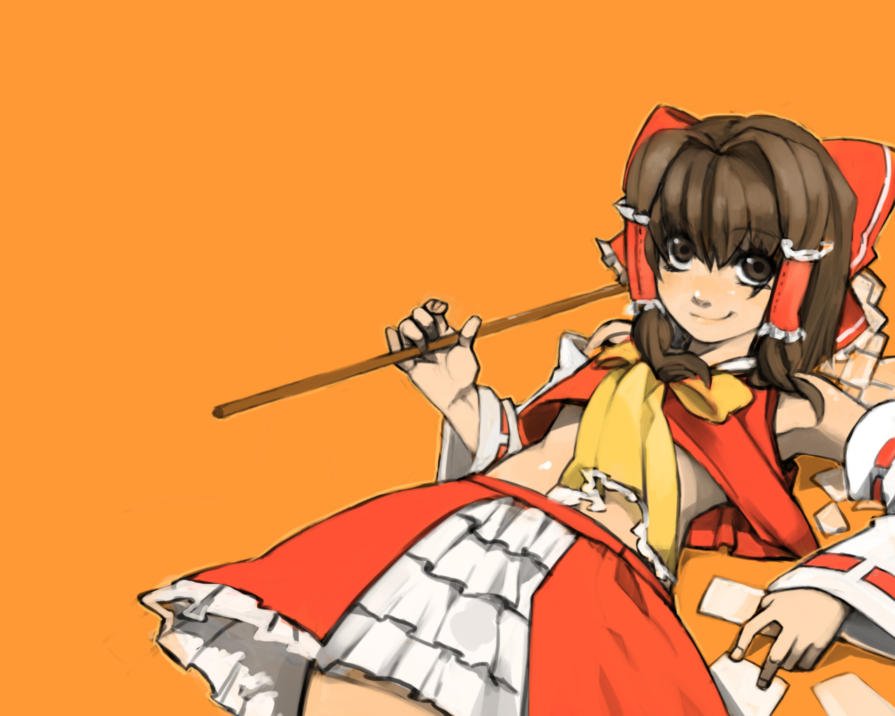 kotetu, tsurusaki yuu, hakurei reimu, touhou, bad id, bad pixiv id, 1girl, adapted costume, brown eyes, brown hair, detached sleeves, female focus, frilled skirt, frills, gohei, japanese clothes, looking at viewer, midriff, miko, orange background, ribbon, simple background, skirt, solo