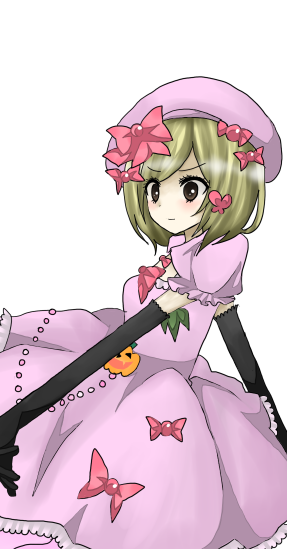 lambdadelta, umineko no naku koro ni, 00s, 1girl, beret, blonde hair, dress, female focus, gem, hat, jack-o'-lantern, pearl (gemstone), pink dress, pink hat, pumpkin, ribbon, short hair, solo