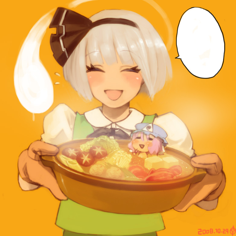 kotetu, tsurusaki yuu, konpaku youmu, konpaku youmu (ghost), saigyouji yuyuko, touhou, silver hair, bad id, bad pixiv id, 00s, 2008, 2girls, ^ ^, blank speech bubble, blunt bangs, blush, bob cut, bow, chibi, closed eyes, dated, facing viewer, female focus, flying sweatdrops, food, happy, hitodama, holding, hotpot, in food, mini person, minigirl, multiple girls, nabe, orange background, oven mitts, pink hair, short hair, smile, soup, speech bubble, upper body