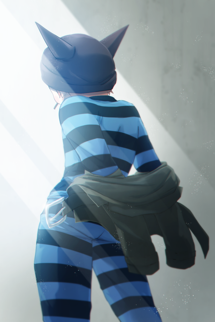 hoshi ryoma, danganronpa (series), danganronpa v3: killing harmony, commentary request, 1boy, ass, beanie, belt, belt buckle, black belt, black hat, black jacket, black pants, black shirt, blue pants, blue shirt, blush stickers, brown hair, buckle, cigarette, cowboy shot, day, fake horns, hat, horned headwear, horns, indoors, jacket, jacket partially removed, leather, leather jacket, light particles, light rays, long sleeves, male focus, mouth hold, open belt, pants, prison clothes, r'l (arul-erur-plant-403), shirt, short hair, shoulder blades, solo, standing, striped clothes, striped pants, striped shirt, sun, tight clothes, two-tone pants, two-tone shirt, undressing