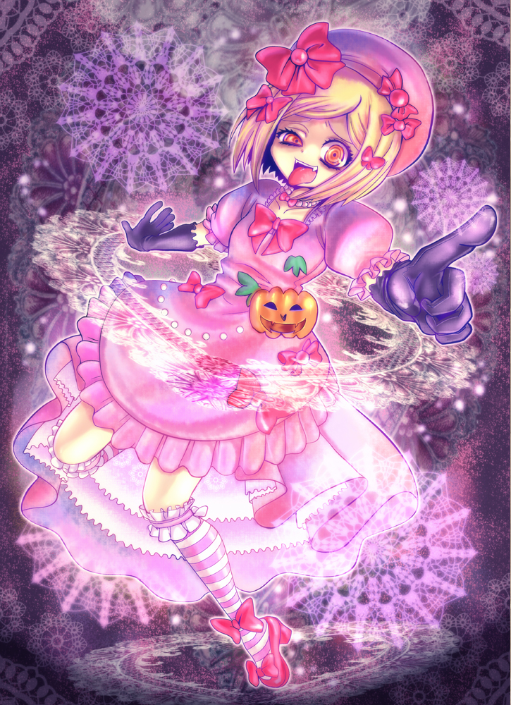gem (ddt), gem (pixiv), lambdadelta, umineko no naku koro ni, striped, bad id, bad pixiv id, 00s, 1girl, ahegao, beret, blonde hair, crazy eyes, creepy, dress, elbow gloves, female focus, gem, gloves, hat, horror (theme), jack-o'-lantern, orange eyes, pearl (gemstone), pink dress, pink hat, pumpkin, ribbon, short hair, socks, solo