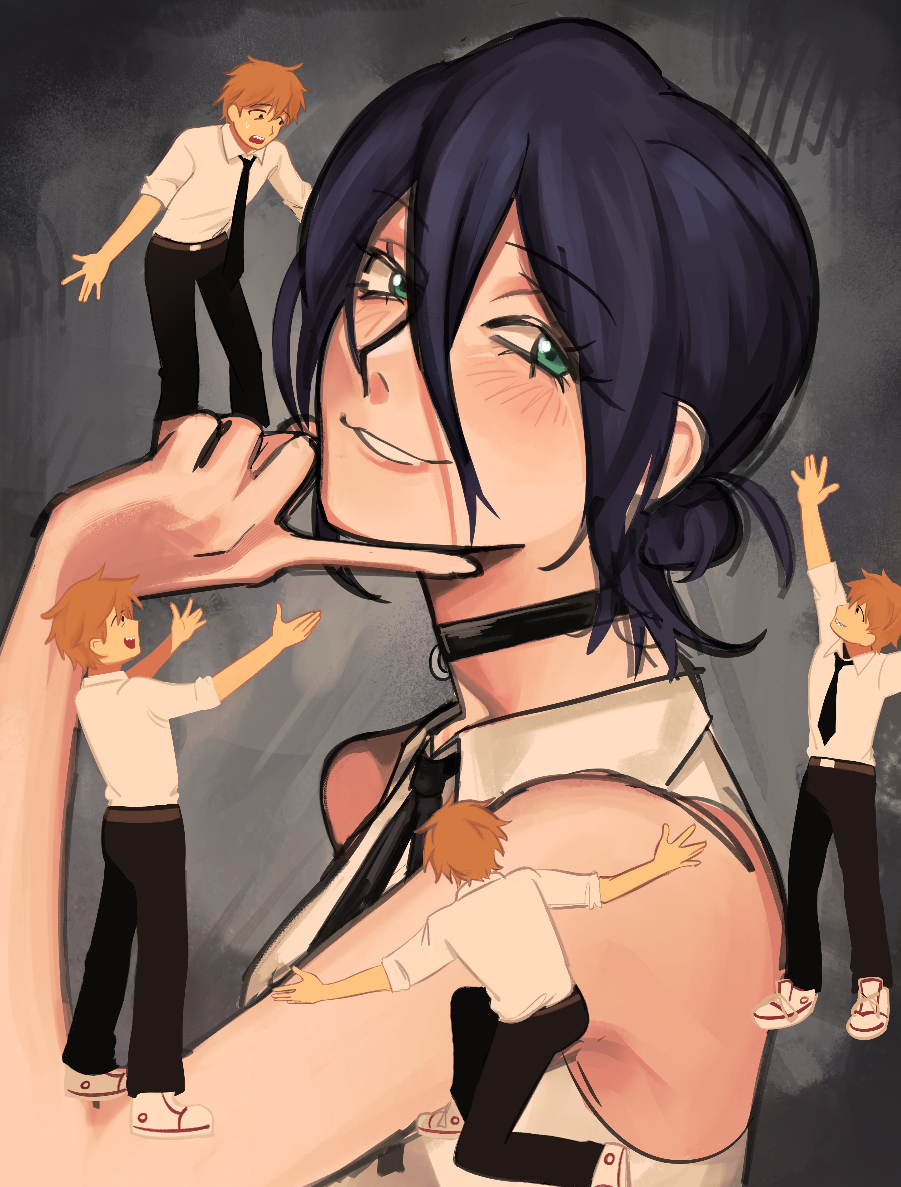 nezunami, denji (chainsaw man), reze (chainsaw man), chainsaw man, absurdres, hashtag-only commentary, highres, 1boy, 1girl, black choker, black hair, black necktie, black pants, black ribbon, choker, collared shirt, green eyes, grenade pin, grey background, hair between eyes, hair bun, hand on own chin, mini person, miniboy, multiple views, neck ribbon, necktie, pants, ribbon, shirt, shirt tucked in, sleeveless, sleeveless shirt, sleeves rolled up, white shirt