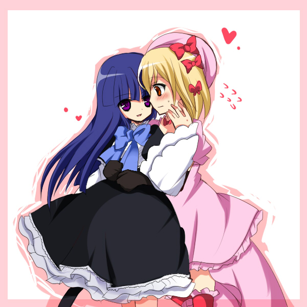 frederica bernkastel, lambdadelta, umineko no naku koro ni, 00s, 2girls, beret, blonde hair, blue hair, blush, dress, gloves, hat, heart, hug, long hair, multiple girls, orange eyes, pink dress, pink hat, purple eyes, ribbon, short hair, very long hair, yuri
