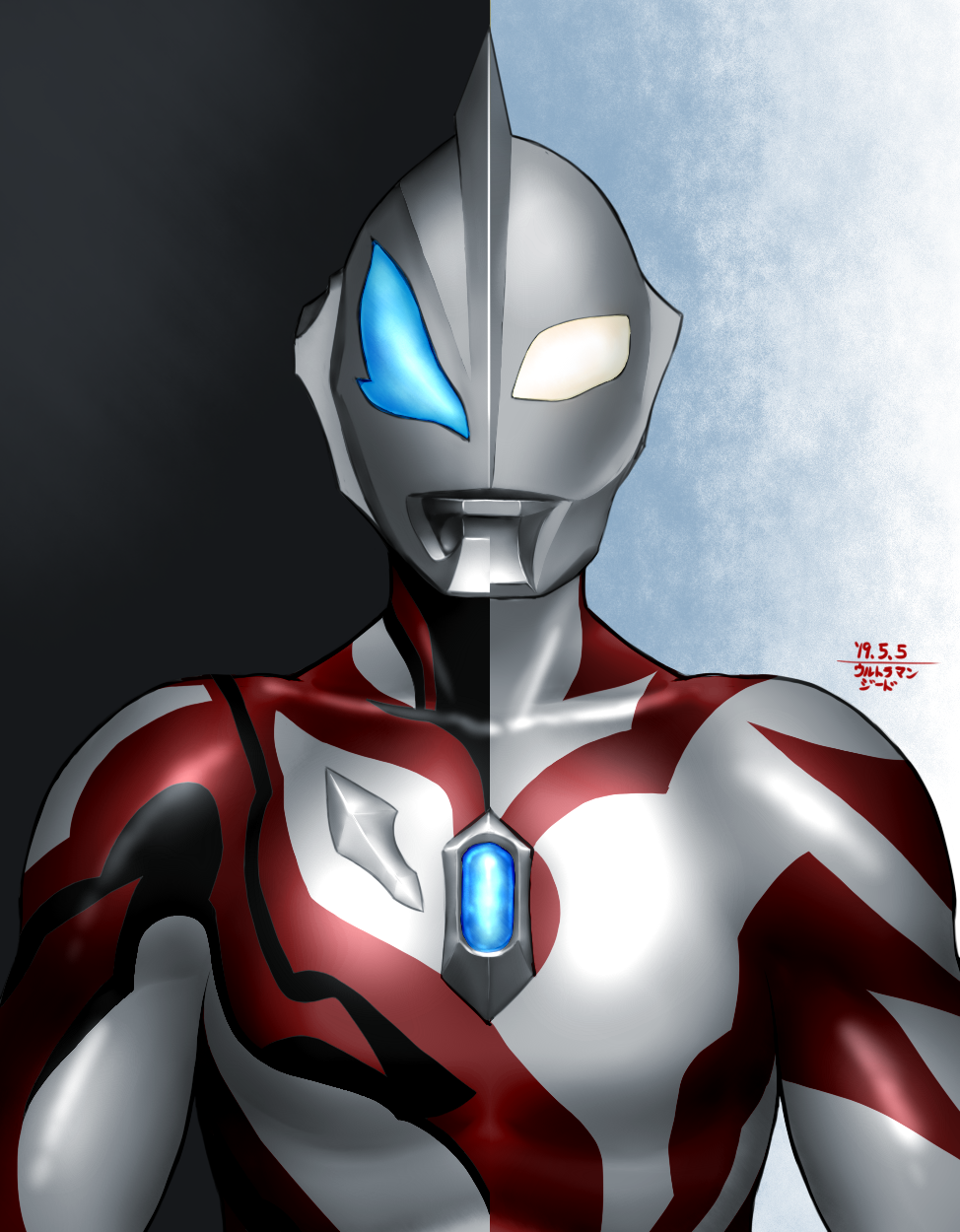 taikyoku tsurugi, ultraman geed, ultra series, ultraman geed (series), commentary, highres, 1boy, alien, before and after, black background, black skin, blue background, blue eyes, closed mouth, collarbone, color timer, colored skin, dated, looking at viewer, male focus, multicolored skin, no pupils, red skin, signature, silver skin, solo, split theme, tokusatsu, upper body, white background, white eyes