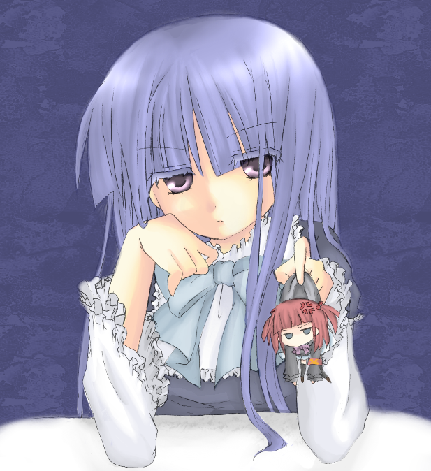 frederica bernkastel, ushiromiya ange, umineko no naku koro ni, 00s, angry, blue eyes, blue hair, blunt bangs, chibi, dress, hair bobbles, hair ornament, long hair, purple eyes, purple hair, red hair, serious, short hair, very long hair
