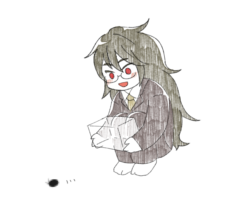 gokuhara gonta, danganronpa (series), danganronpa v3: killing harmony, 1boy, barefoot, black-framed eyewear, blazer, blush stickers, brown jacket, brown pants, brown suit, bug, bug cage, business suit, cage, censored, chibi, cockroach, collared jacket, collared shirt, dress pants, formal clothes, glasses, green hair, green necktie, hair between eyes, happy, holding, holding cage, insect, jacket, lapels, long hair, long sleeves, looking at another, male focus, messy hair, mosaic censoring, motion lines, necktie, notched lapels, open mouth, pants, pointless censoring, r'l (arul-erur-plant-403), red eyes, round eyewear, shirt, simple background, smile, solo, squatting, suit, thick eyebrows, very long hair, white background, white shirt