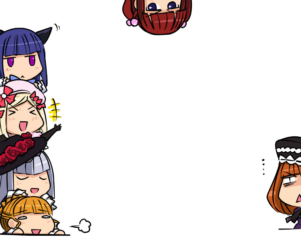 urokozuki, beatrice (umineko), eva beatrice, frederica bernkastel, lambdadelta, ushiromiya ange, virgilia (umineko), umineko no naku koro ni, silver hair, > <, 00s, 6+girls, :<, angry, animal ears, blonde hair, blue eyes, blue hair, bow, cat ears, cat girl, chibi, closed eyes, female focus, flower, hair bobbles, hair ornament, happy, hat, multiple girls, orange hair, purple eyes, red hair, ribbon, rose, serious, triangle mouth, waving