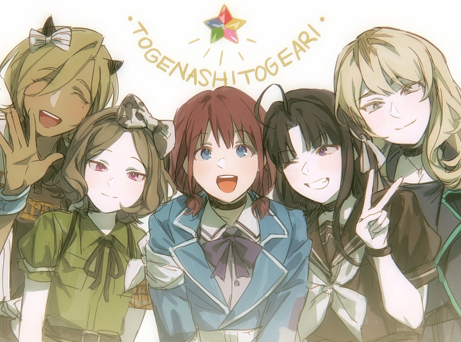 jjab p, awa subaru, ebizuka tomo, iseri nina, kawaragi momoka, rupa (girls band cry), girls band cry, 5girls, ahoge, black hair, black shirt, blonde hair, blue eyes, brown hair, closed eyes, dark-skinned female, dark skin, green shirt, grey hair, long hair, looking at viewer, mole, mole under eye, multiple girls, one eye closed, open mouth, purple eyes, sailor collar, school uniform, shirt, short hair, smile, v
