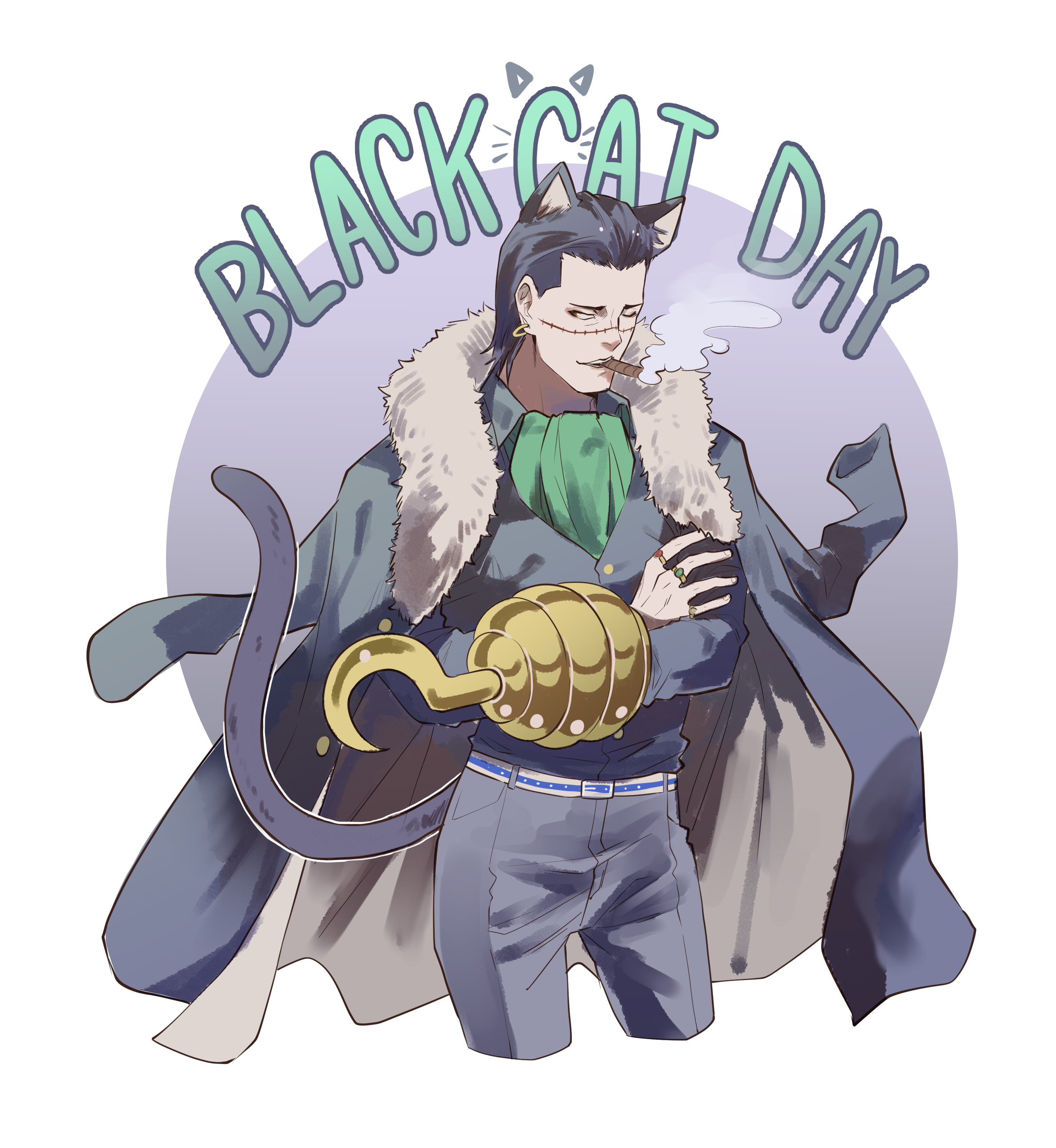 ngumngim, crocodile (one piece), one piece, absurdres, highres, 1boy, belt, black cat day, black hair, black jacket, cat tail, cigar, coat, coat on shoulders, cropped legs, english text, fur-trimmed coat, fur trim, hook hand, jacket, kemonomimi mode, male focus, mature male, short hair, smoke, smoking, solo, stitched face, stitches, tail, white belt