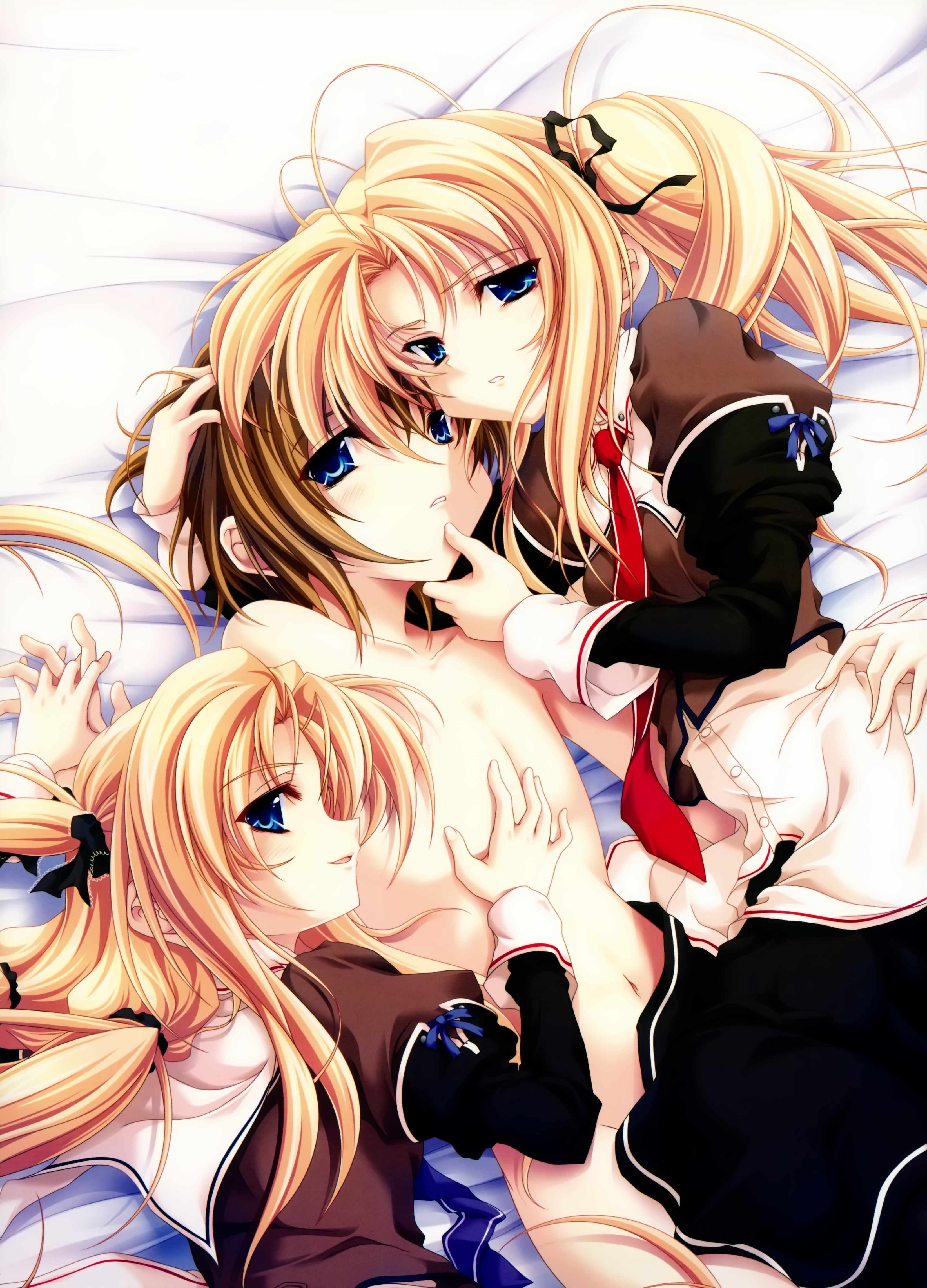 miyama-zero, shirogane akane, shirogane tobari, togetsu kotarou, kanojo tachi no ryuugi, hand on head, absurdres, highres, 1boy, 2girls, antenna hair, bed, blonde hair, blue eyes, blush, brown hair, clothed female nude male, grabbing another's chin, group sex, hair ribbon, hand on another's chin, holding hands, hug, long hair, looking back, lying, multiple girls, navel, necktie, nude, on back, on side, quad tails, ribbon, school uniform, short hair, siblings, sisters, smile, twins, twintails