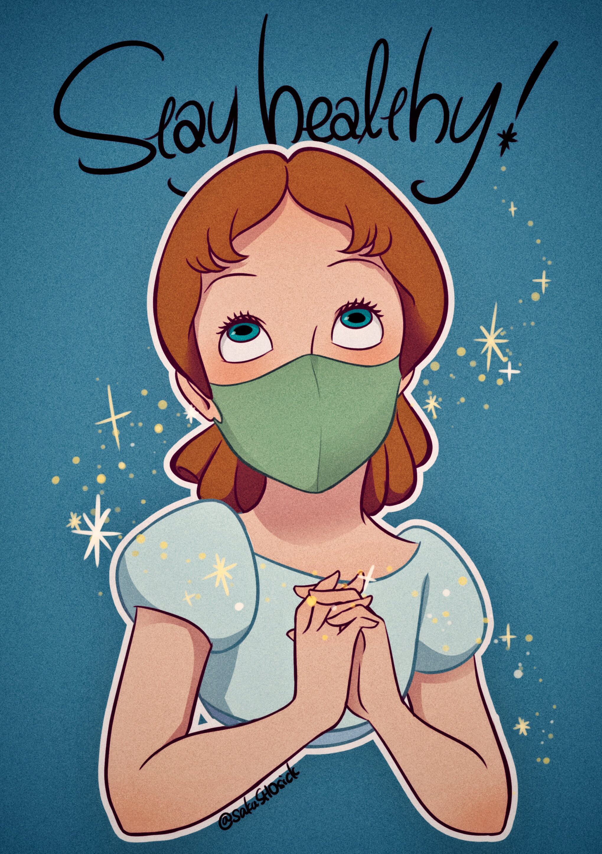 part-of-my-world, wendy darling, walt disney's peter pan, absurdres, highres, 1girl, blue dress, blue eyes, bow, brown hair, coronavirus pandemic, dress, hair bow, long hair, looking at viewer, mask, mouth mask, ponytail, short sleeves, sleepwear, toon (style)