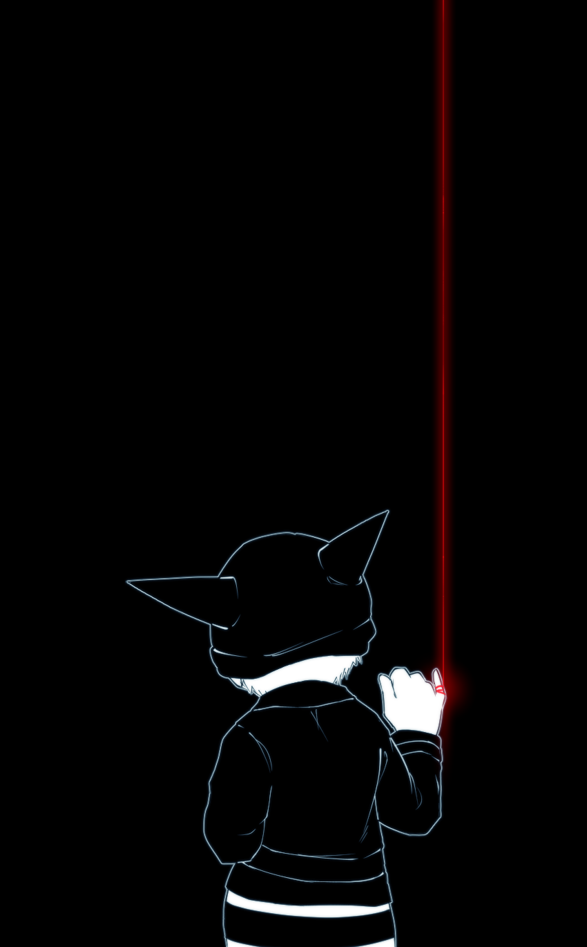 hoshi ryoma, danganronpa (series), danganronpa v3: killing harmony, commentary request, highres, 1boy, beanie, black background, cowboy shot, fake horns, from behind, greyscale, hat, helmet, horned helmet, horns, jacket, leather, leather jacket, long sleeves, male focus, monochrome, pants, r'l (arul-erur-plant-403), short hair, short male, simple background, solo, spot color, standing, string, string around finger, string of fate, striped clothes, striped pants
