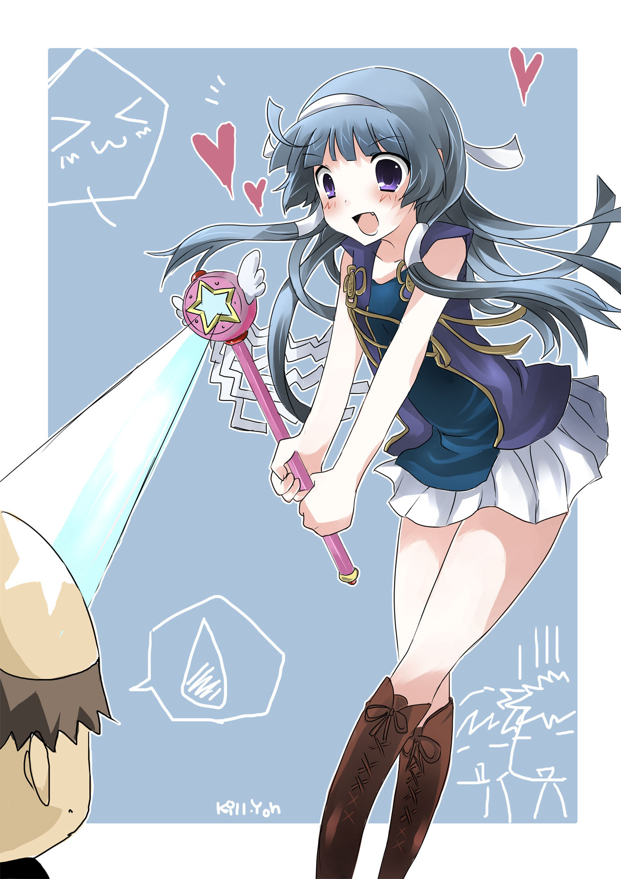 killyoh, nagi, kannagi, light, highres, 00s, bald, blue hair, blunt bangs, hairband, happy, long hair, purple eyes, wand