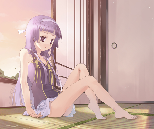 yuizaki kazuya, nagi, kannagi, 00s, 1girl, barefoot, blue hair, blunt bangs, feet, female focus, hair tubes, hairband, indoors, long hair, pleated skirt, room, sitting, skirt, solo, tatami, white skirt, window