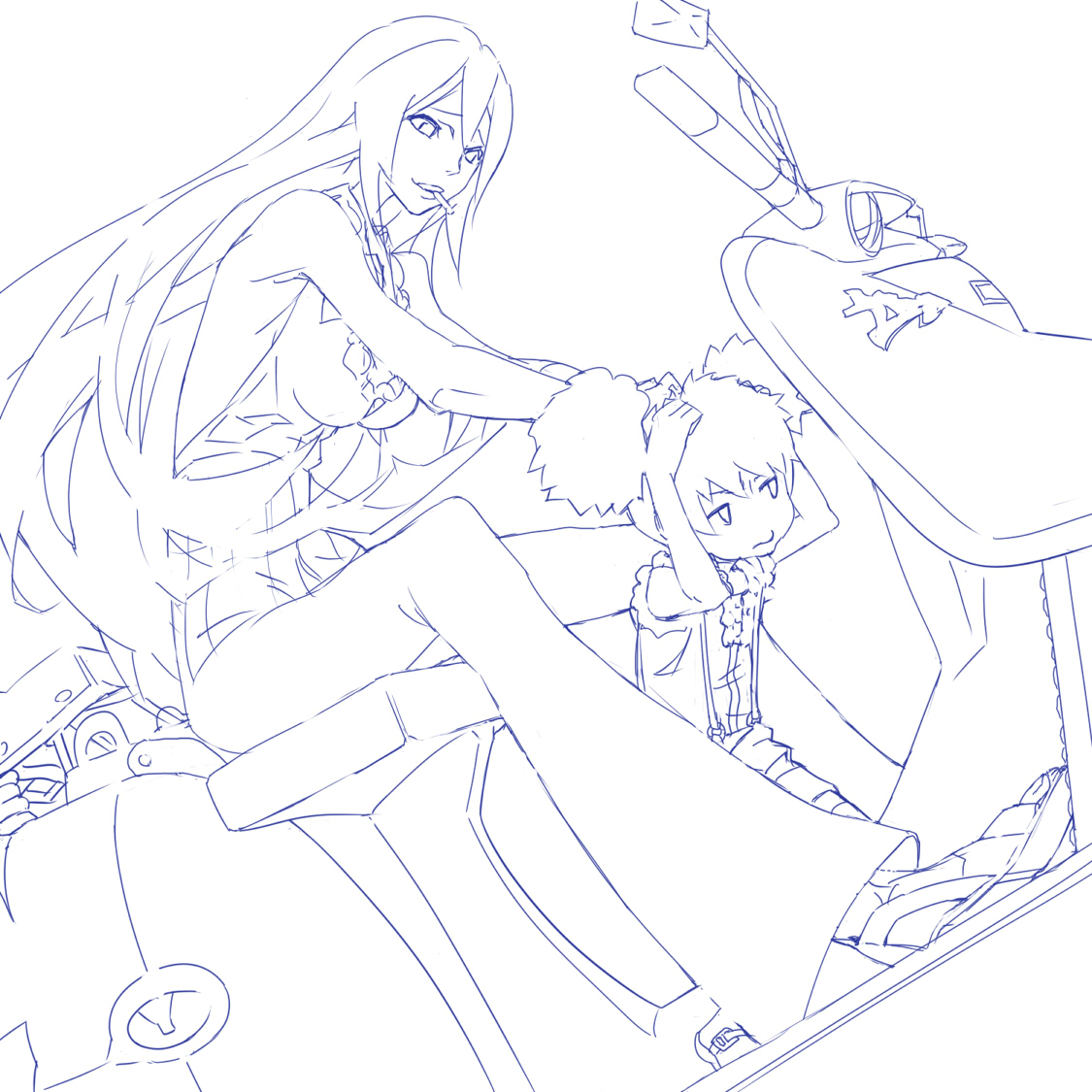 toshiki, hatchin morenos, michiko malandro, michiko to hacchin, vespa, vehicle, bad id, bad pixiv id, inactive account, 2girls, age difference, blue theme, cigarette, long hair, monochrome, mother and daughter, motor vehicle, multiple girls, scooter, smoke, smoking, twintails