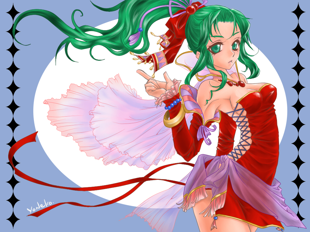 yoneko, tina branford, final fantasy, final fantasy vi, 1990s (style), 1girl, breasts, cleavage, female focus, green eyes, green hair, long hair, matching hair/eyes, no legwear, ponytail, retro artstyle, solo