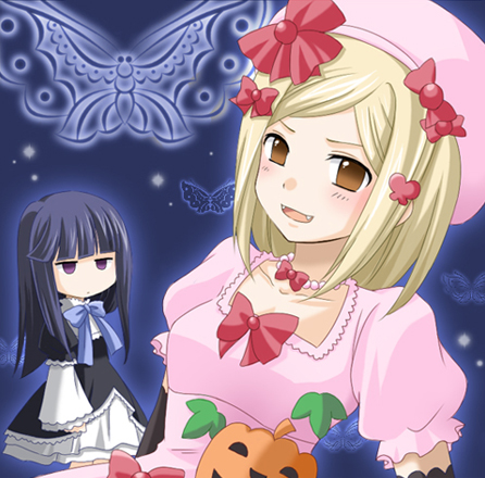 frederica bernkastel, lambdadelta, umineko no naku koro ni, lowres, 00s, 2girls, annoyed, beret, blonde hair, blue hair, bug, butterfly, chibi, dress, fangs, hat, insect, jack-o'-lantern, long hair, multiple girls, orange eyes, pink dress, pink hat, pumpkin, purple eyes, ribbon, short hair